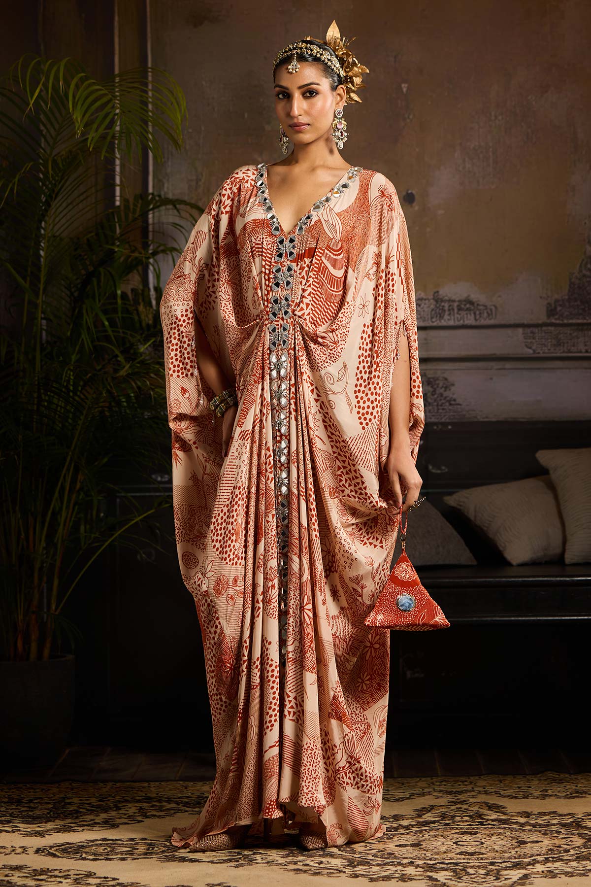 Beige & Rust Print and Highlighted Kaftan with Potali Bag