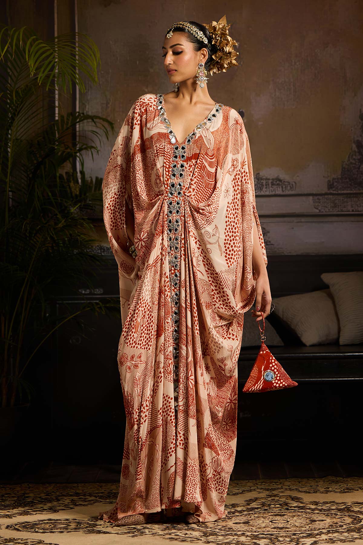 Beige & Rust Print and Highlighted Kaftan with Potali Bag