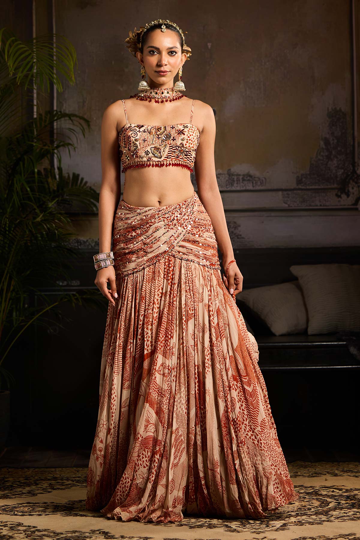 Beige & Rust Print and Highlighted Lehenga Set