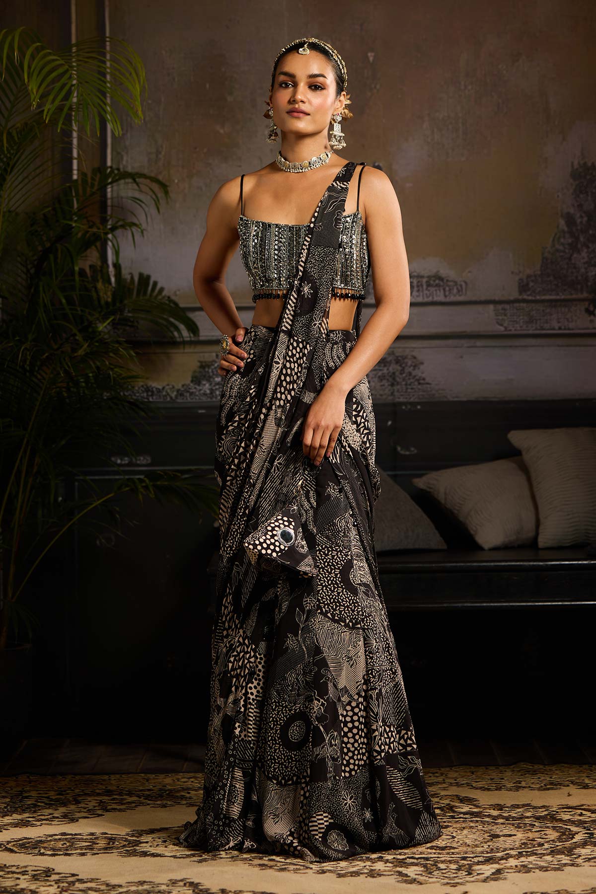 Black Print and Highlighted Mermaid Skirt Saree Set