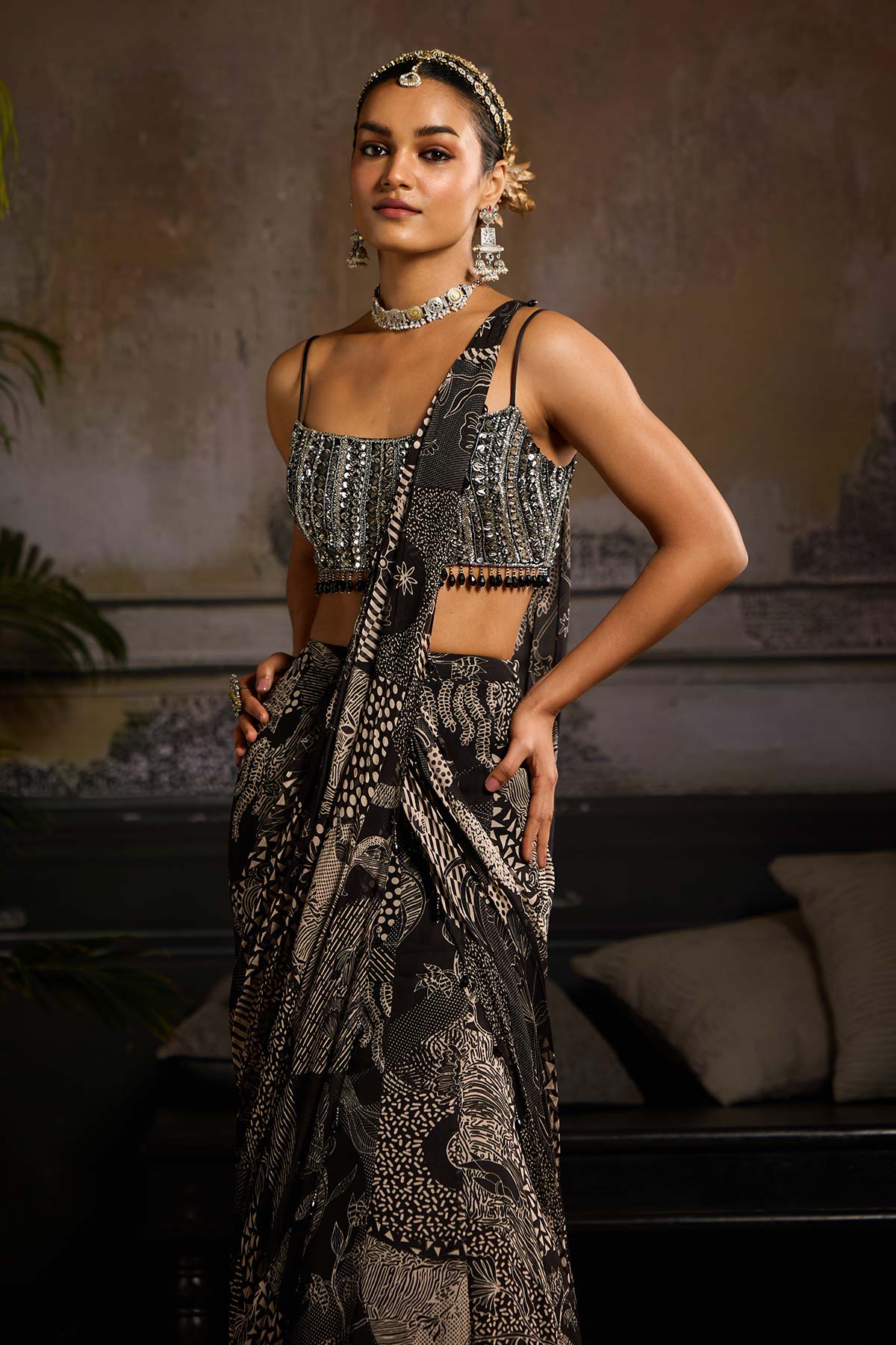 Black Print and Highlighted Mermaid Skirt Saree Set