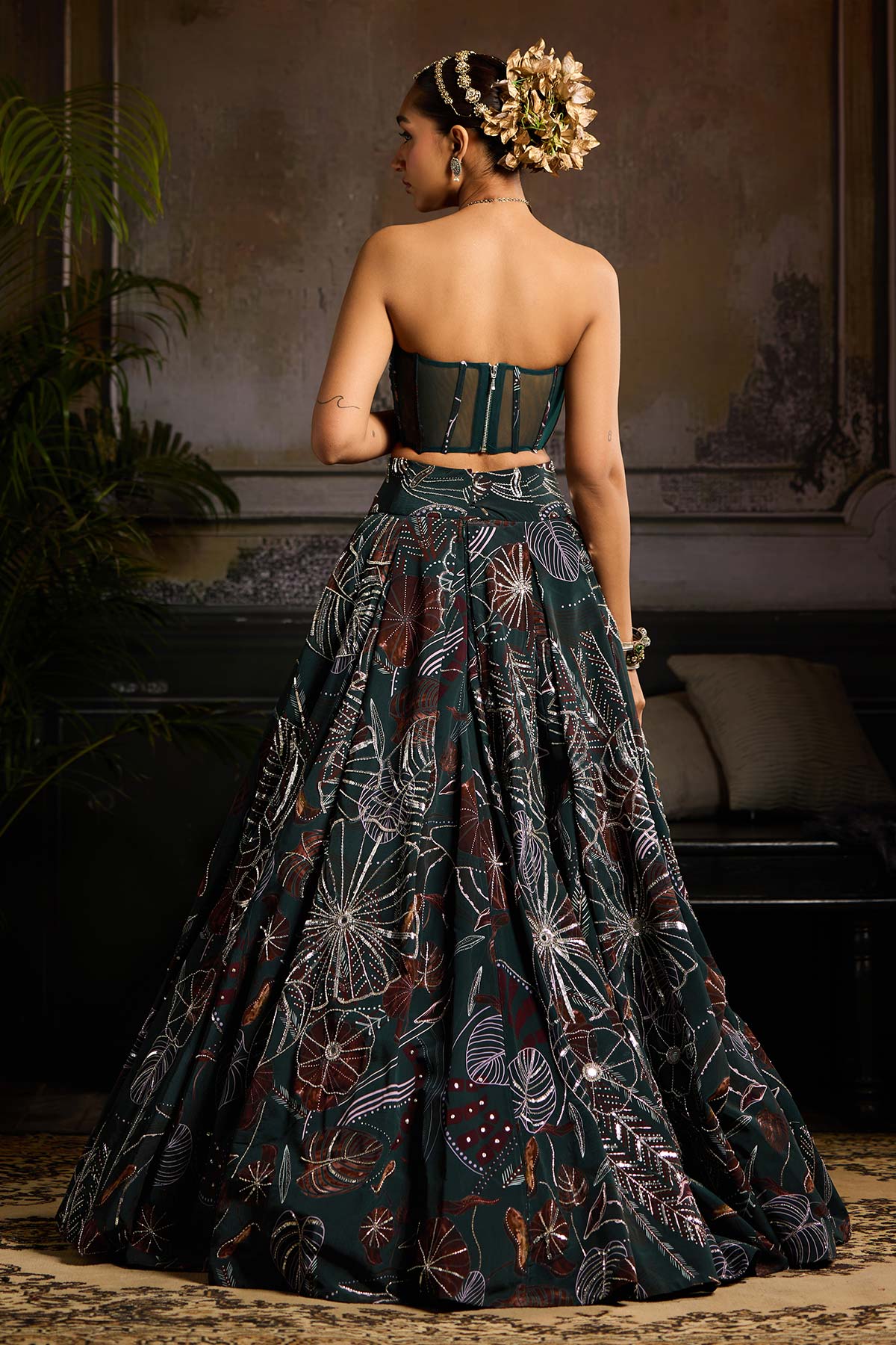 Dark Green Print and Highlighted Lehenga Set