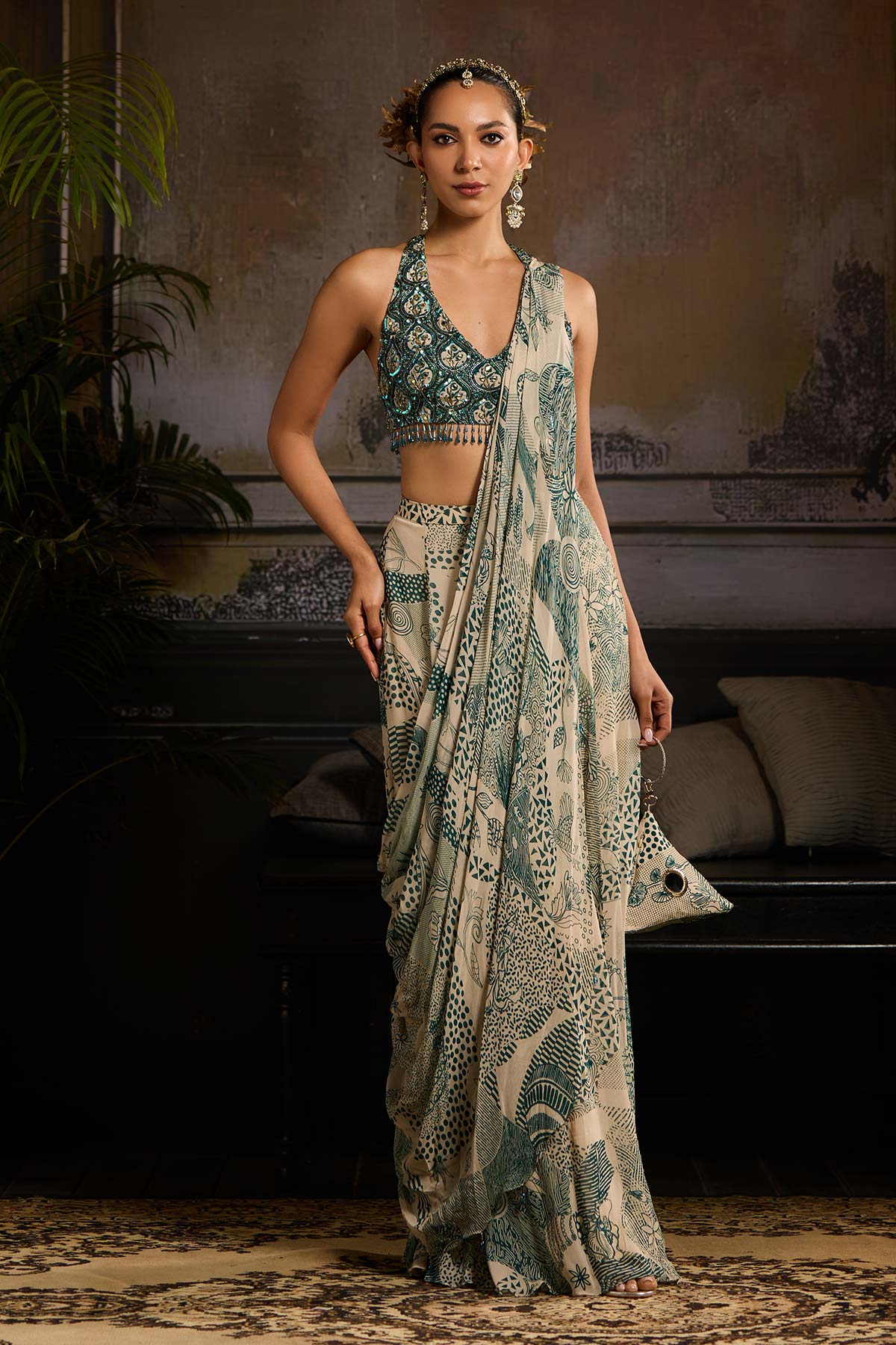 Beige & Teal Print and Highlighted Skirt Saree Set