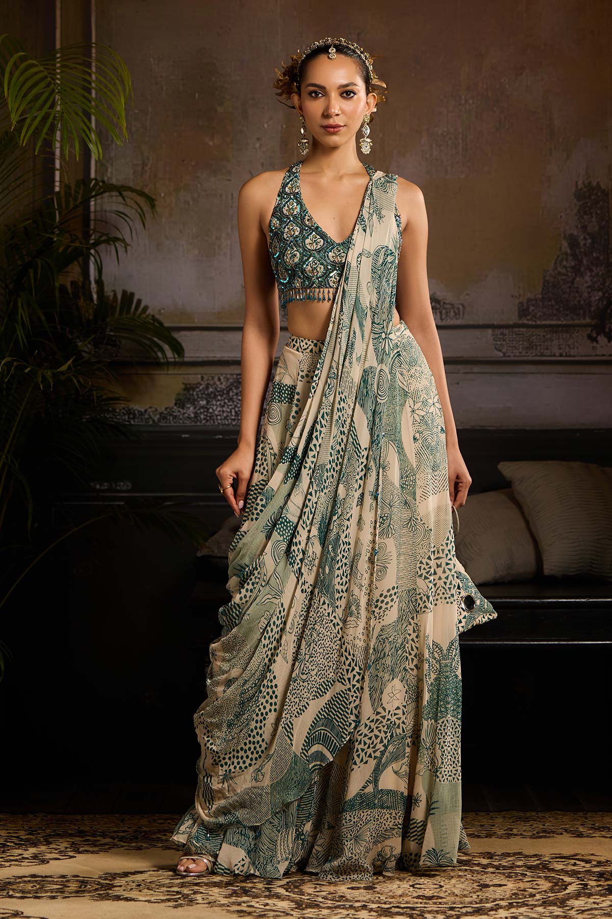 Beige & Teal Print and Highlighted Skirt Saree Set