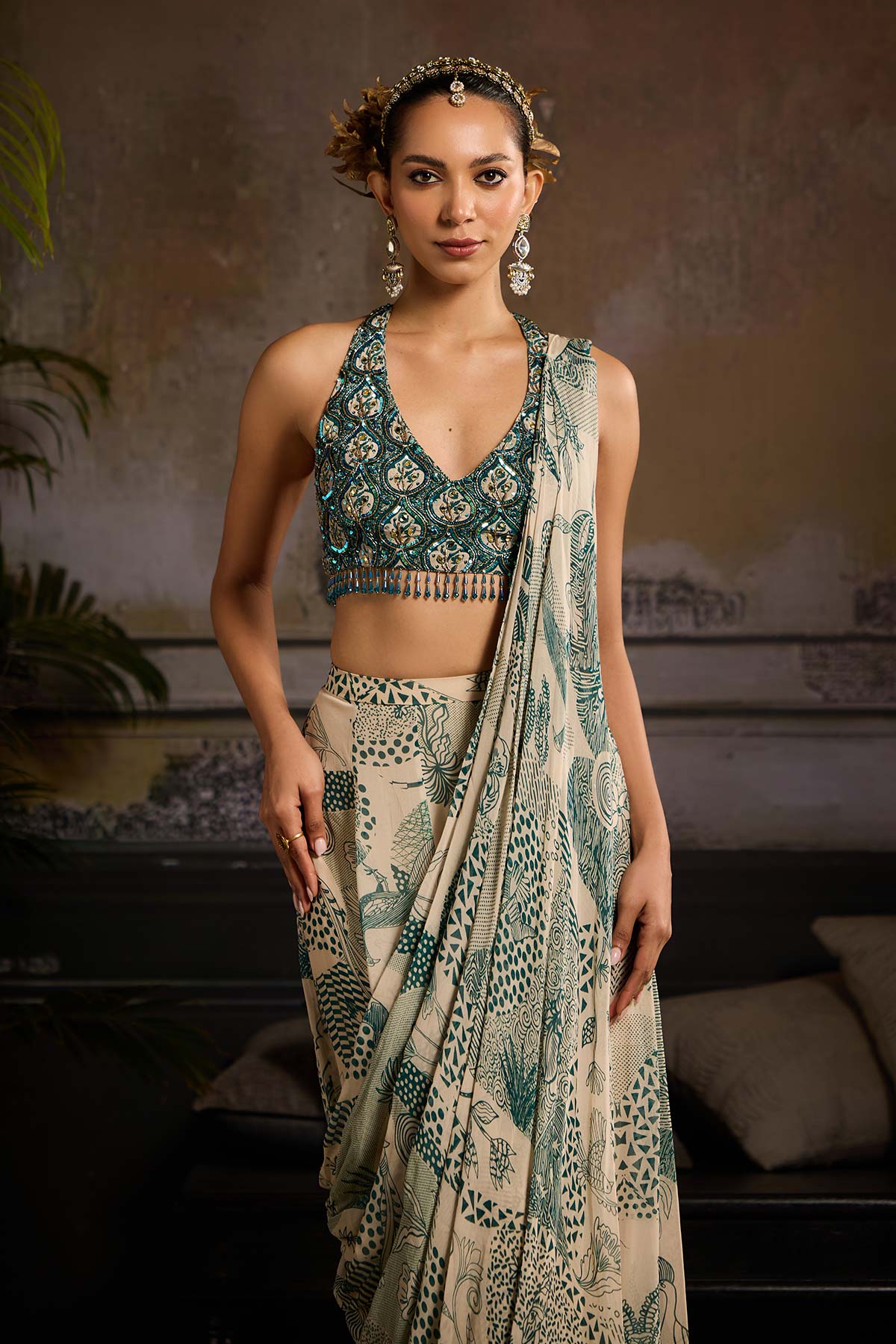 Beige & Teal Print and Highlighted Skirt Saree Set