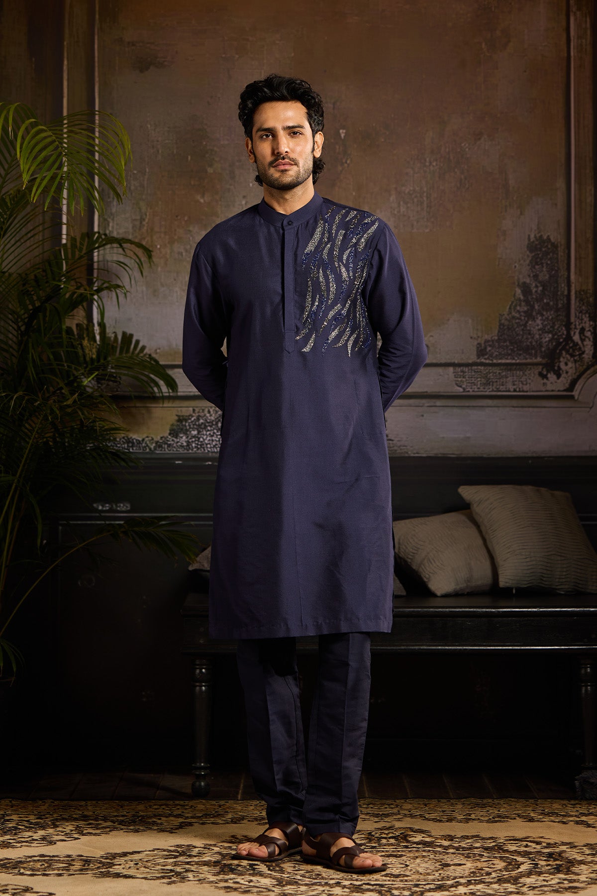 DARK BLUE ONE SIDE CUTDANA WAVE EMBROIDERED KURTA PAIRED WITH DARK BLUE PANTS