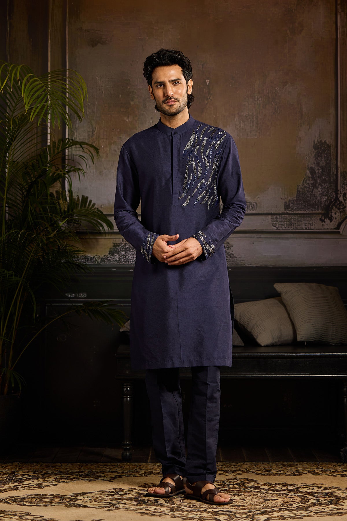 DARK BLUE ONE SIDE CUTDANA WAVE EMBROIDERED KURTA PAIRED WITH DARK BLUE PANTS