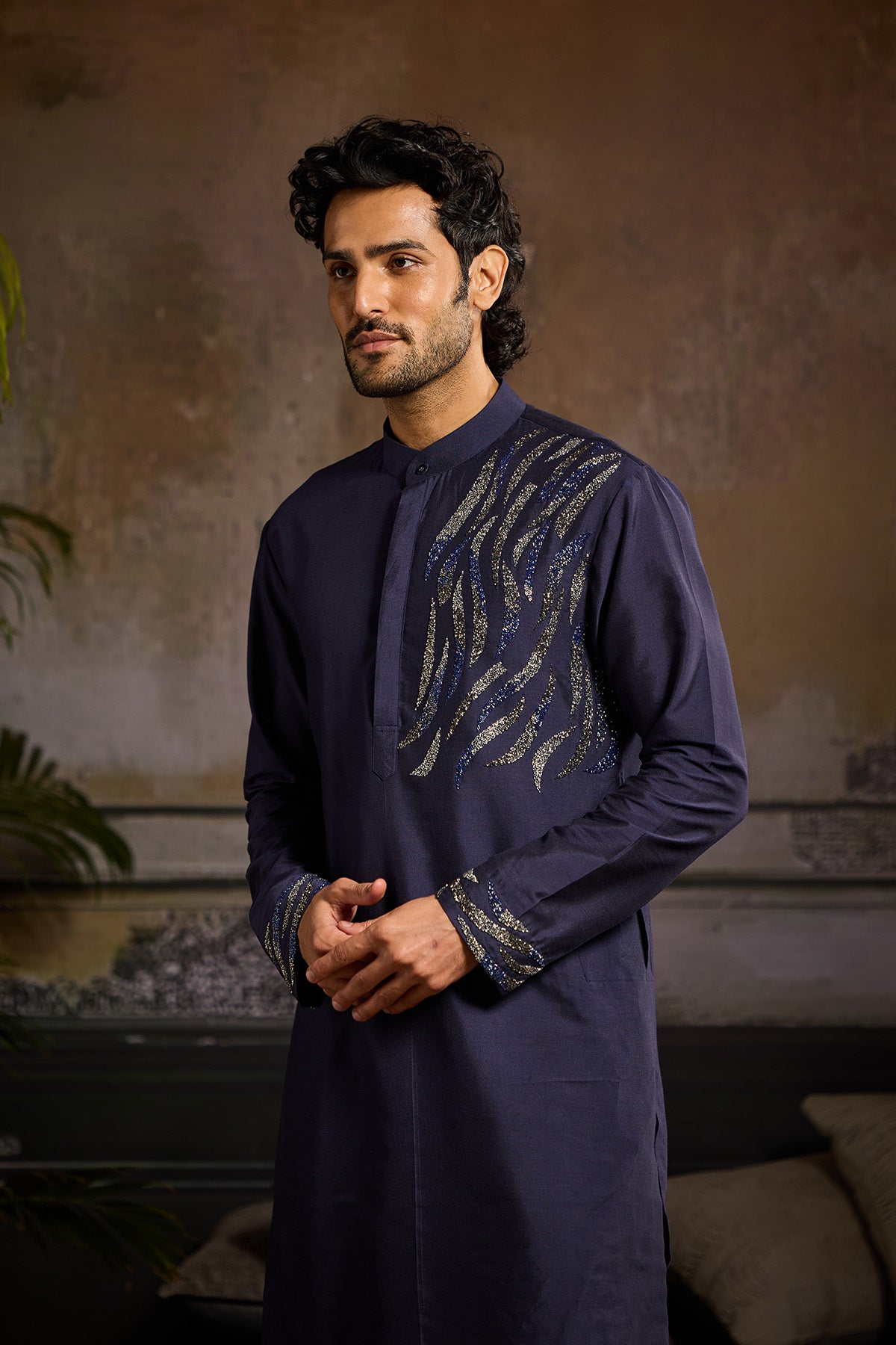 DARK BLUE ONE SIDE CUTDANA WAVE EMBROIDERED KURTA PAIRED WITH DARK BLUE PANTS