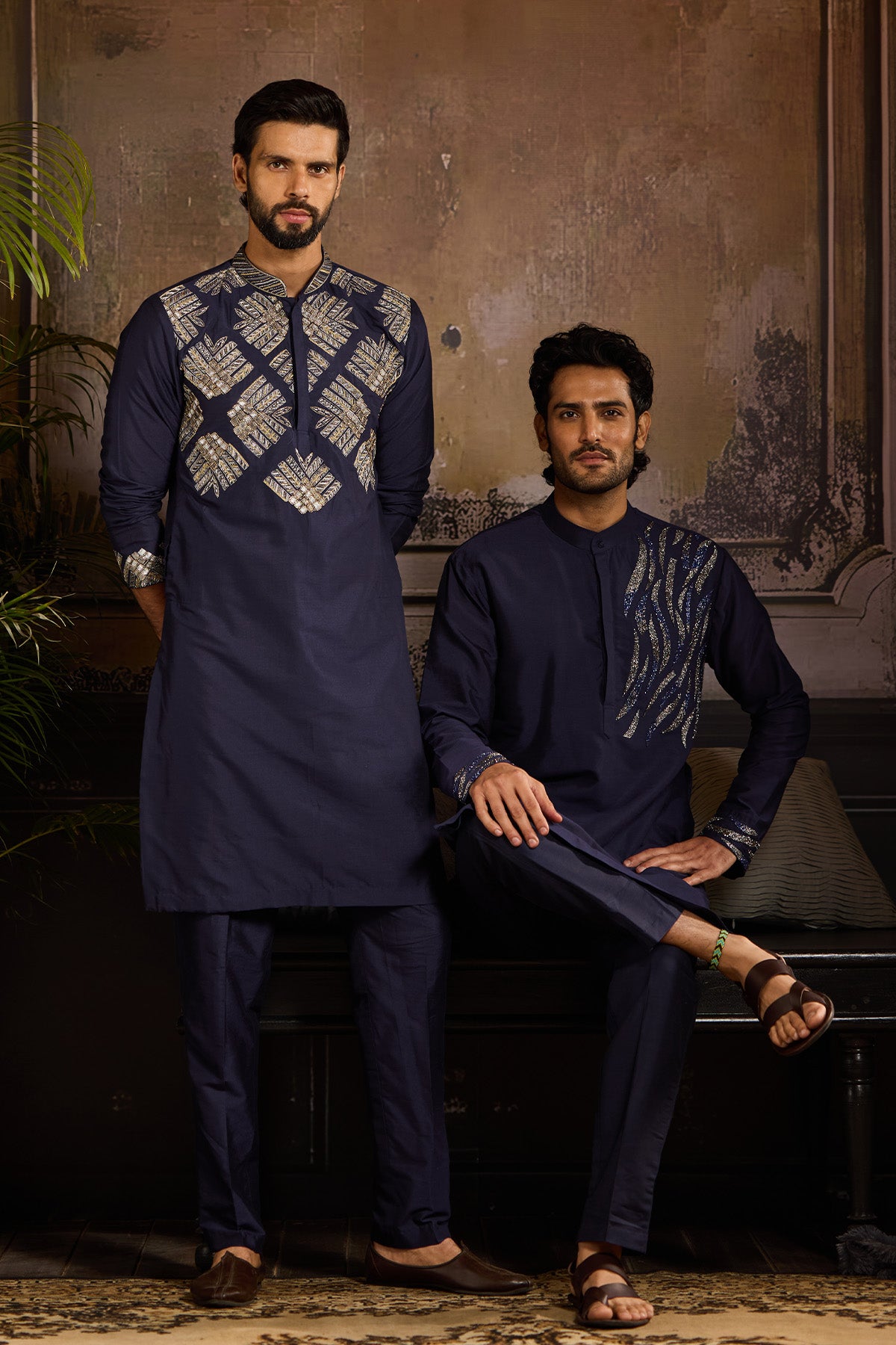 DARK BLUE ONE SIDE CUTDANA WAVE EMBROIDERED KURTA PAIRED WITH DARK BLUE PANTS