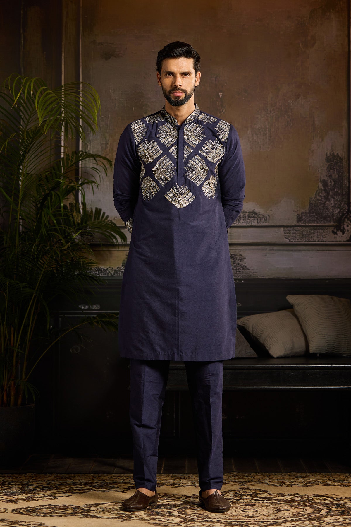 DARK BLUE  EMBROIDERED KURTA PAIRED WITH DARK BLUE PANTS