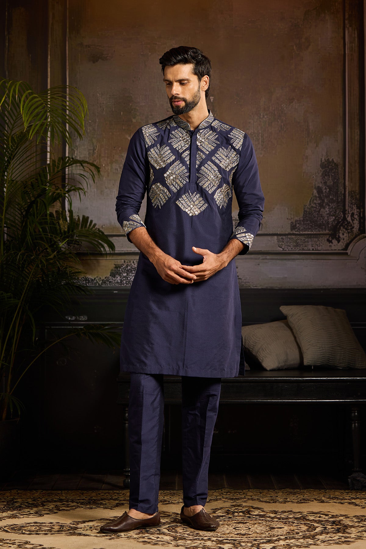 DARK BLUE  EMBROIDERED KURTA PAIRED WITH DARK BLUE PANTS