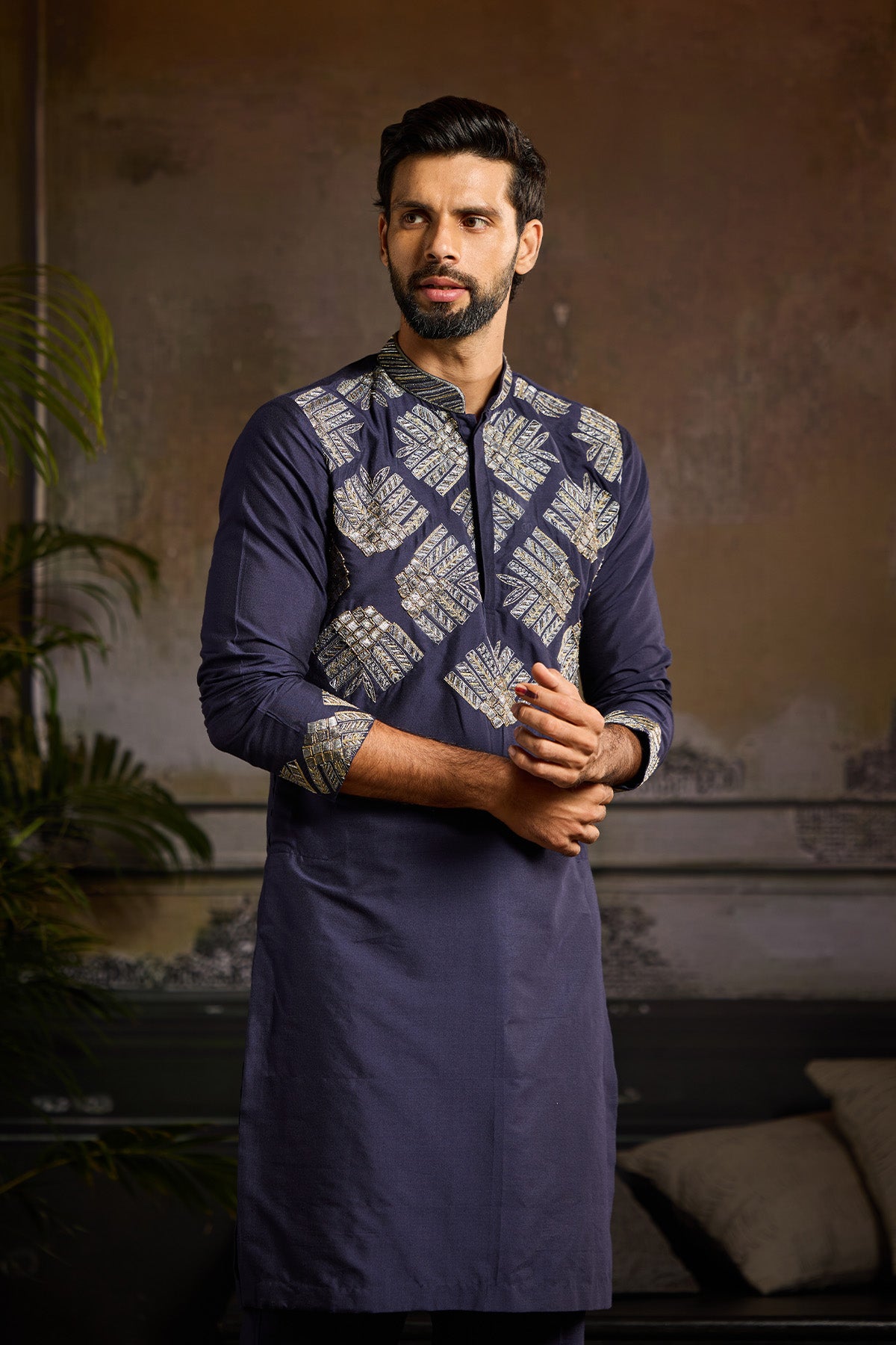 DARK BLUE  EMBROIDERED KURTA PAIRED WITH DARK BLUE PANTS