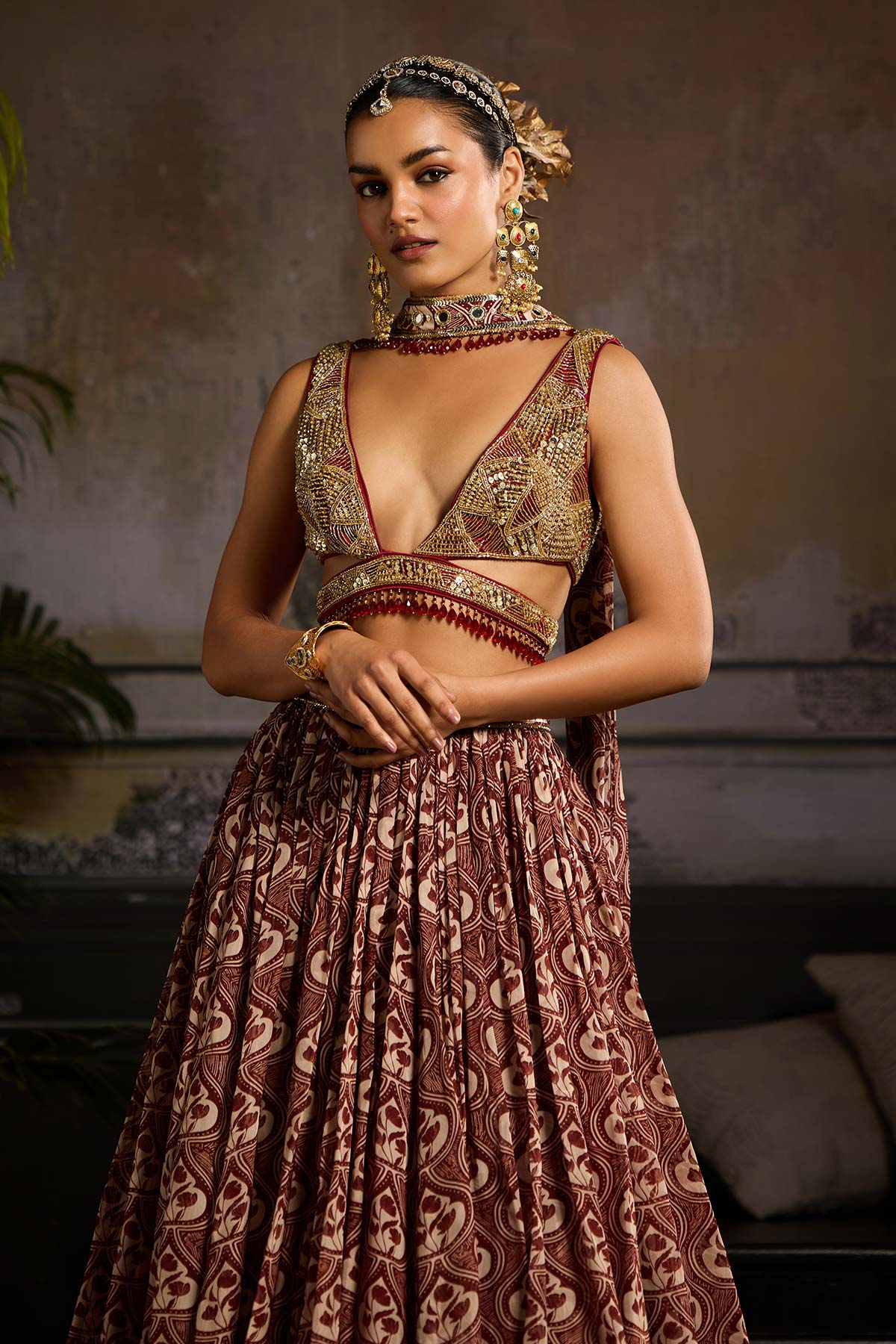 Maroon Print and Highlighted Lehenga  Set