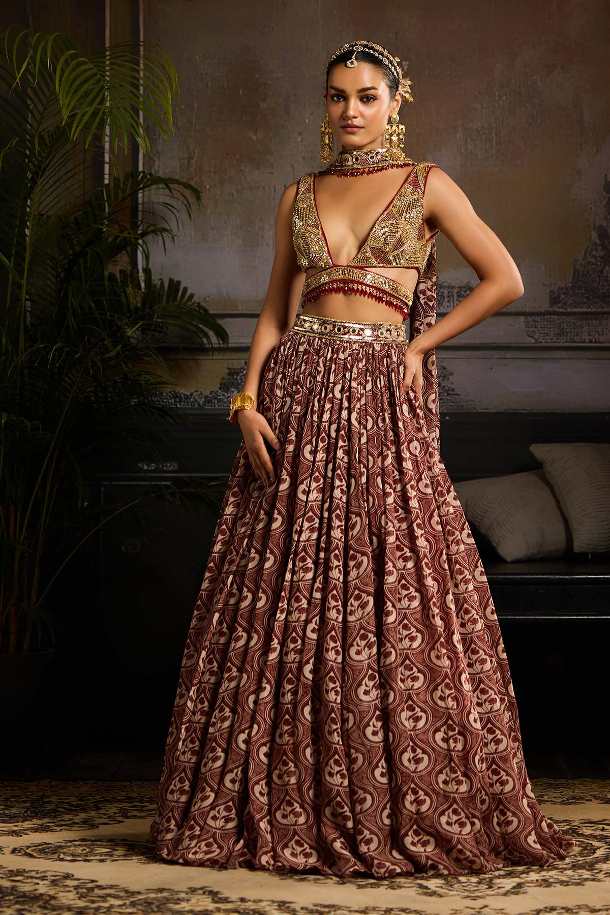 Maroon Print and Highlighted Lehenga  Set