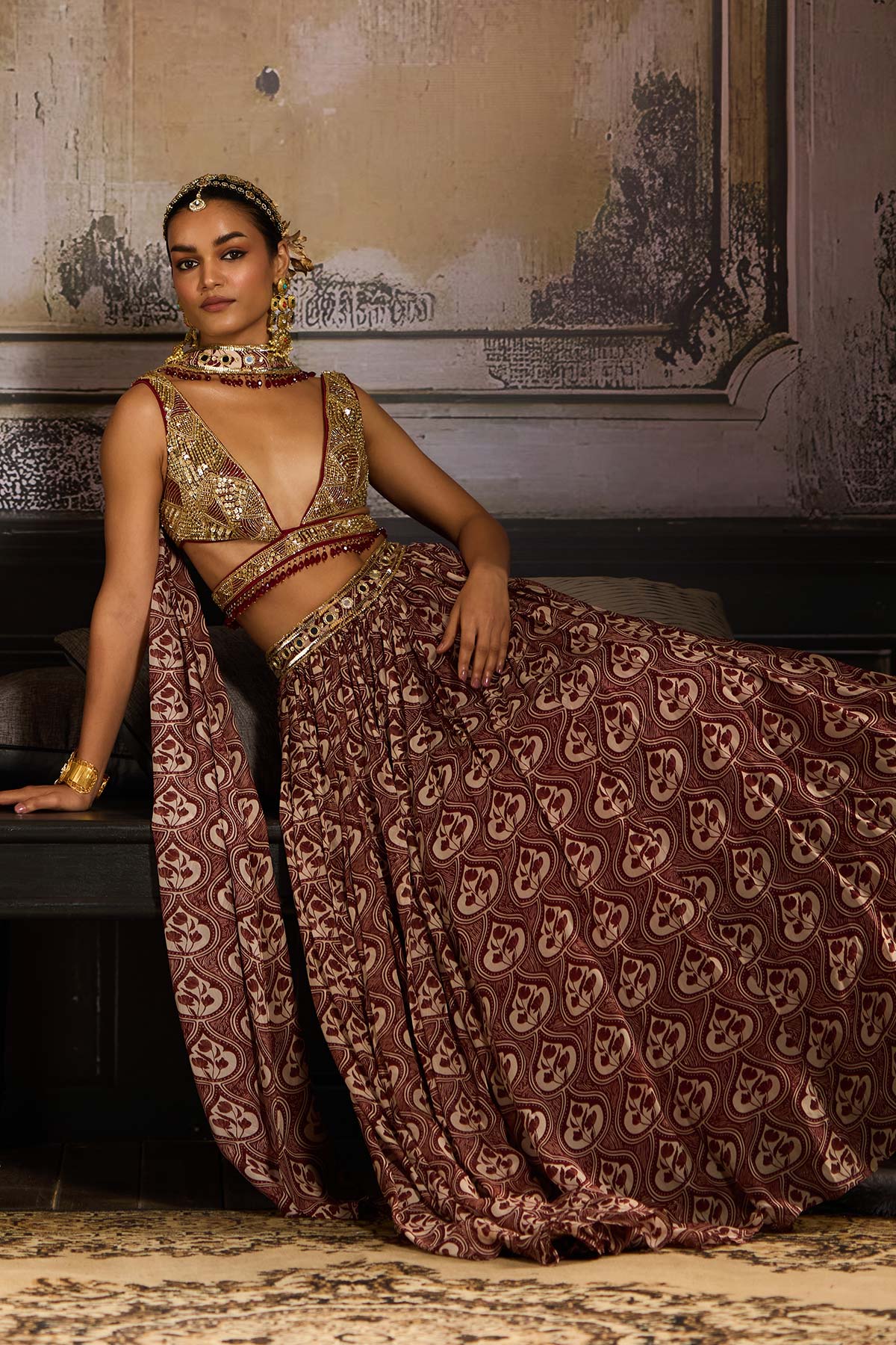 Maroon Print and Highlighted Lehenga  Set