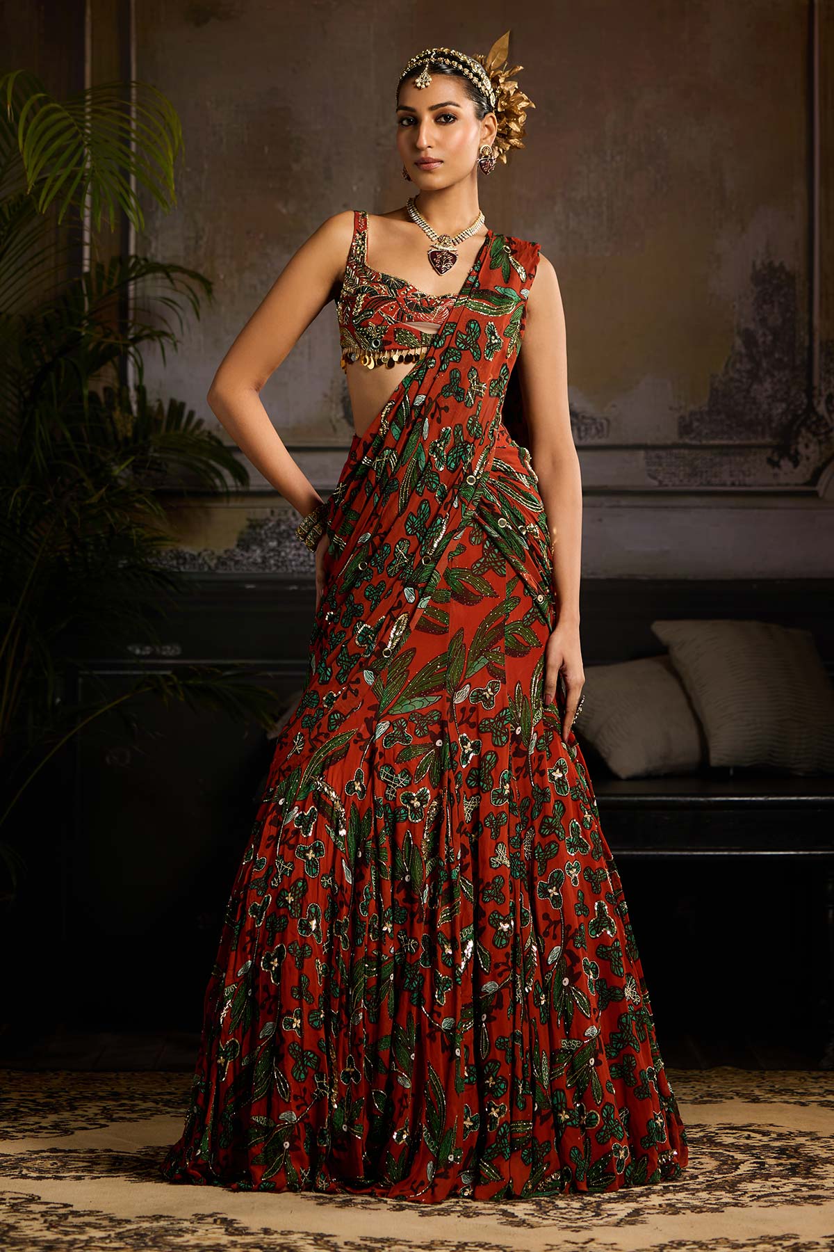 Rust Print and Highlighted Draped Saree Set