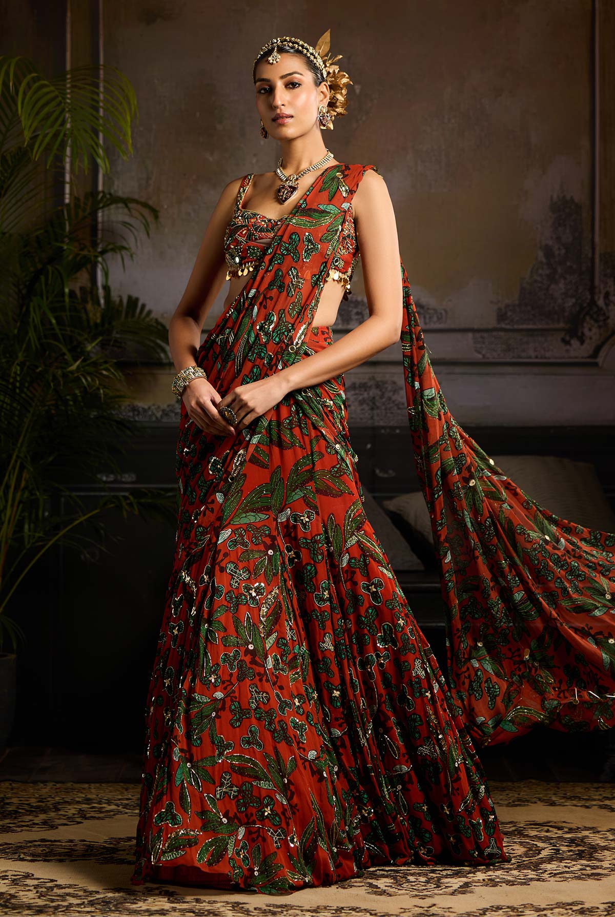 Rust Print and Highlighted Draped Saree Set