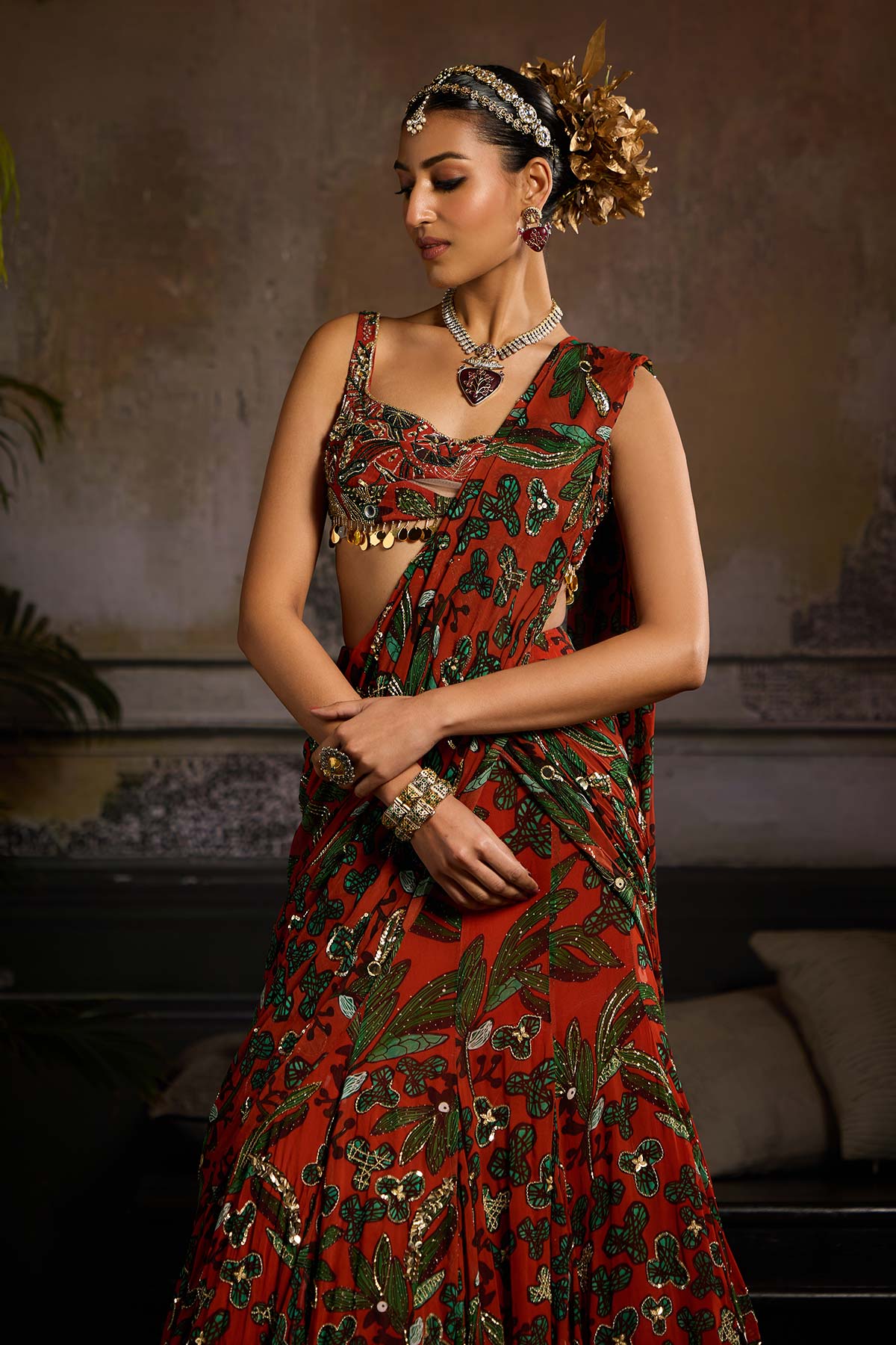 Rust Print and Highlighted Draped Saree Set