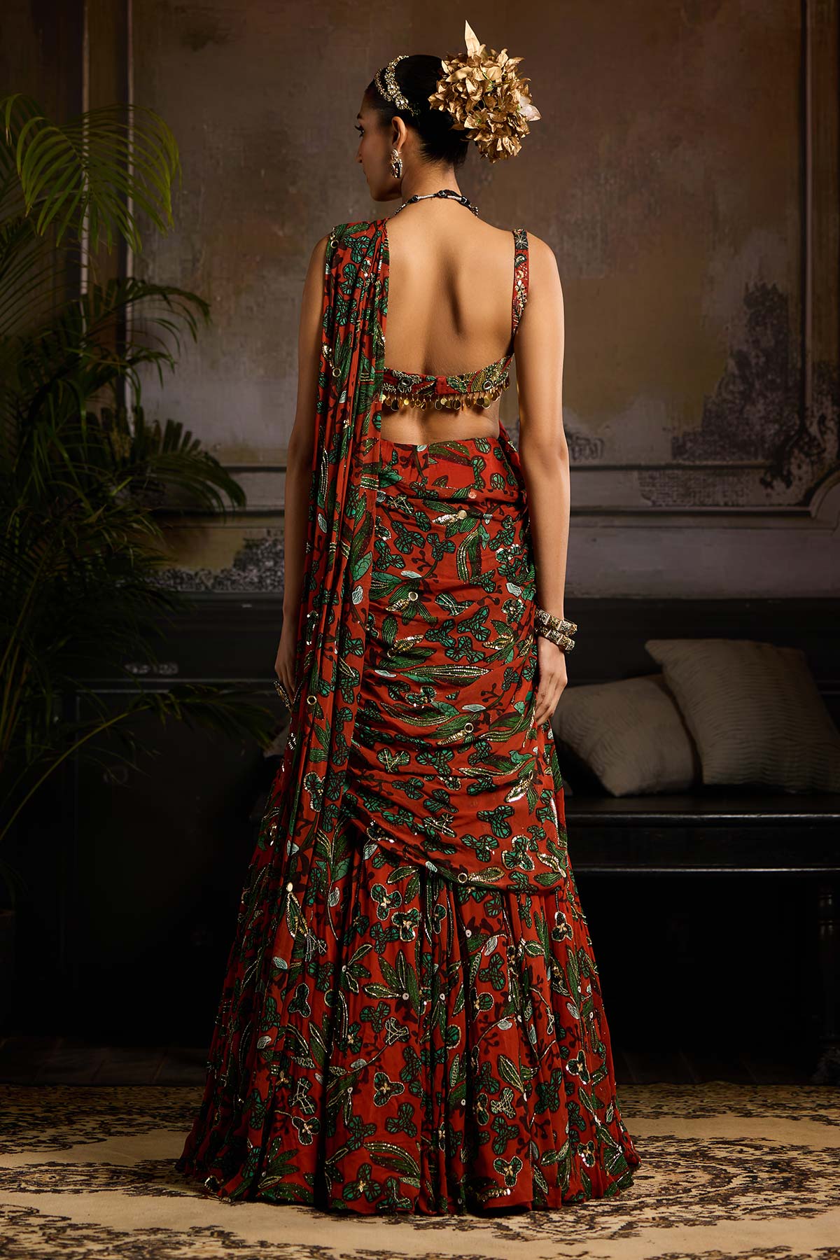 Rust Print and Highlighted Draped Saree Set