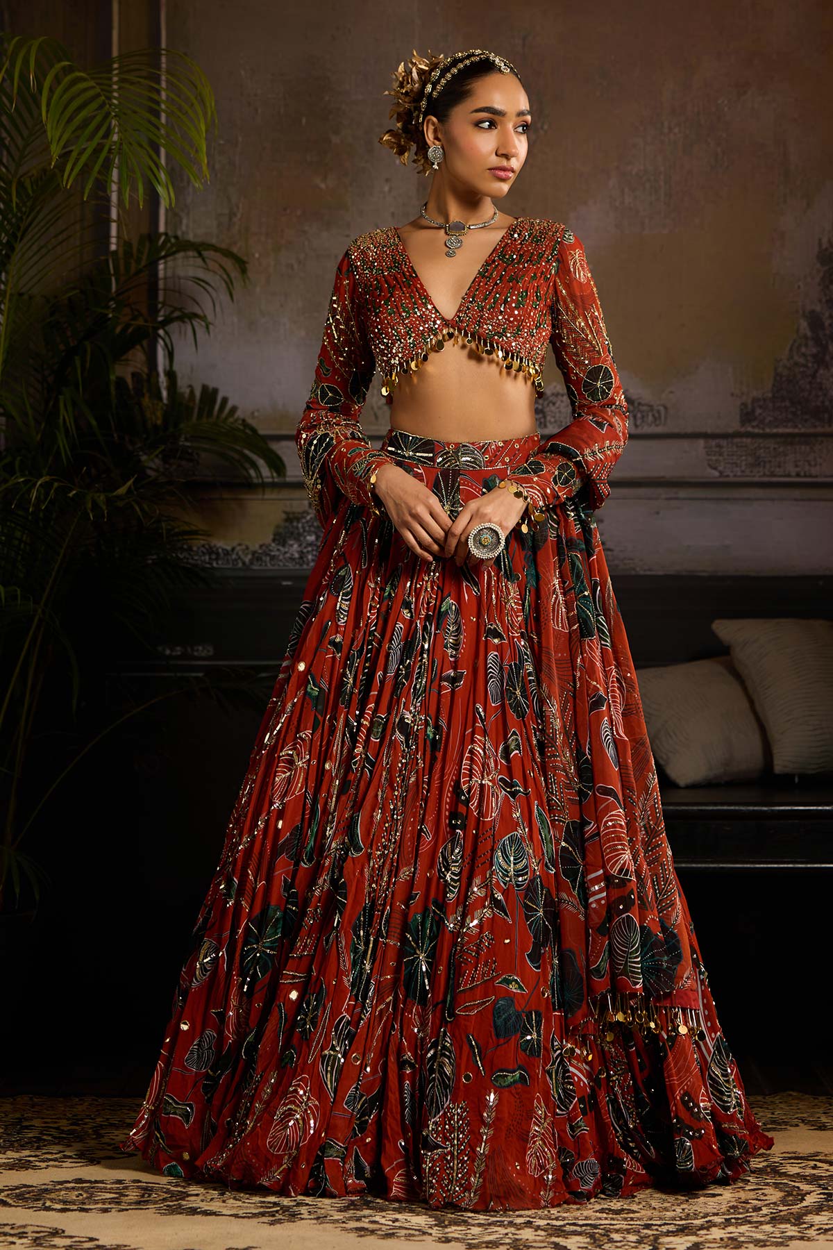 Rust Print and Highlighted Lehenga Set