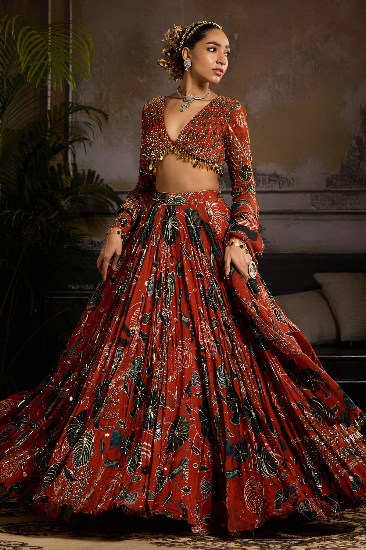 Rust Print and Highlighted Lehenga Set