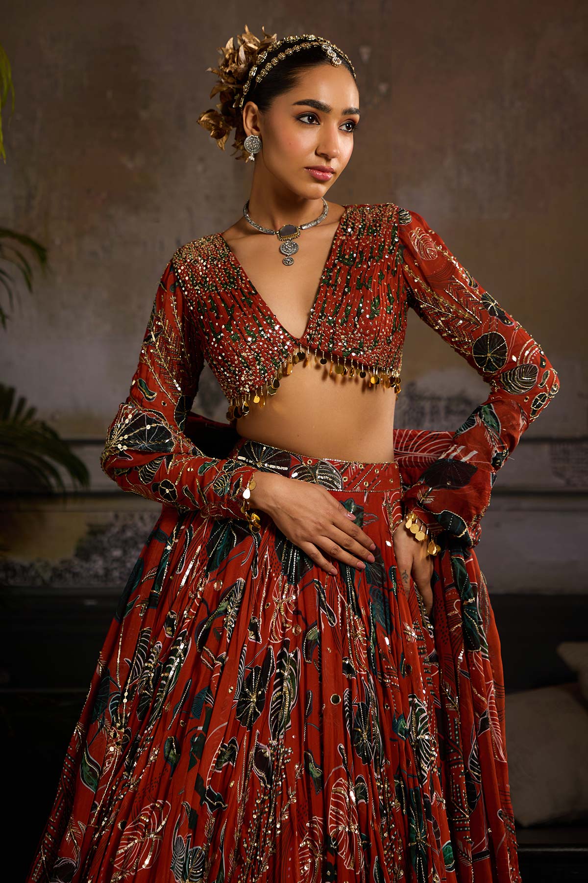 Rust Print and Highlighted Lehenga Set