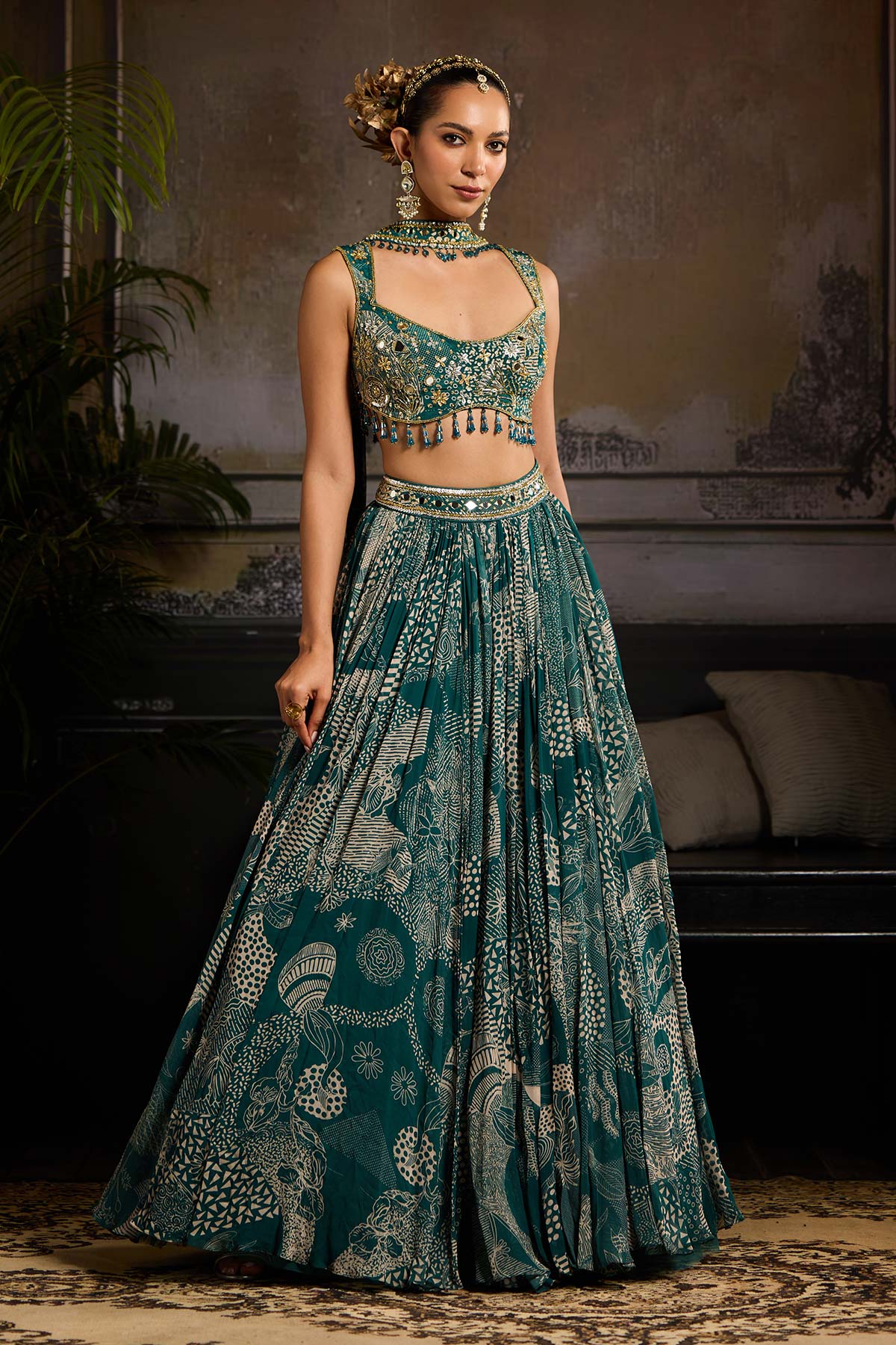 Teal Print and Highlighted  Lehenga Set