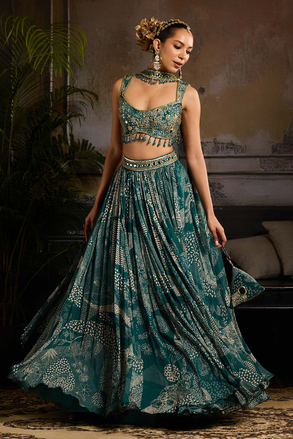 Teal Print and Highlighted  Lehenga Set