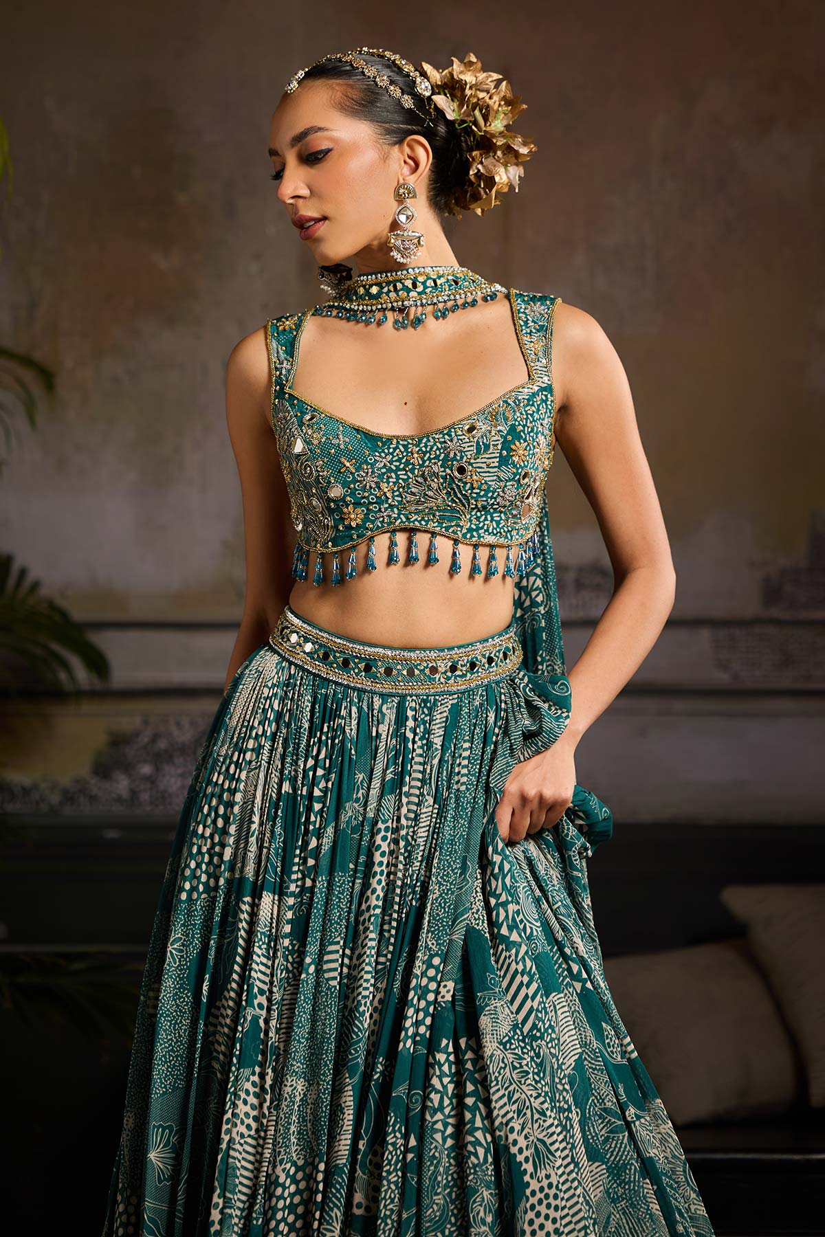 Teal Print and Highlighted  Lehenga Set