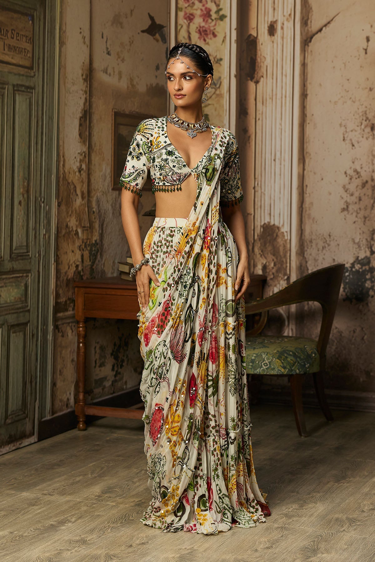 Ivory Print And Highlighted Tiered Skirt Saree Set