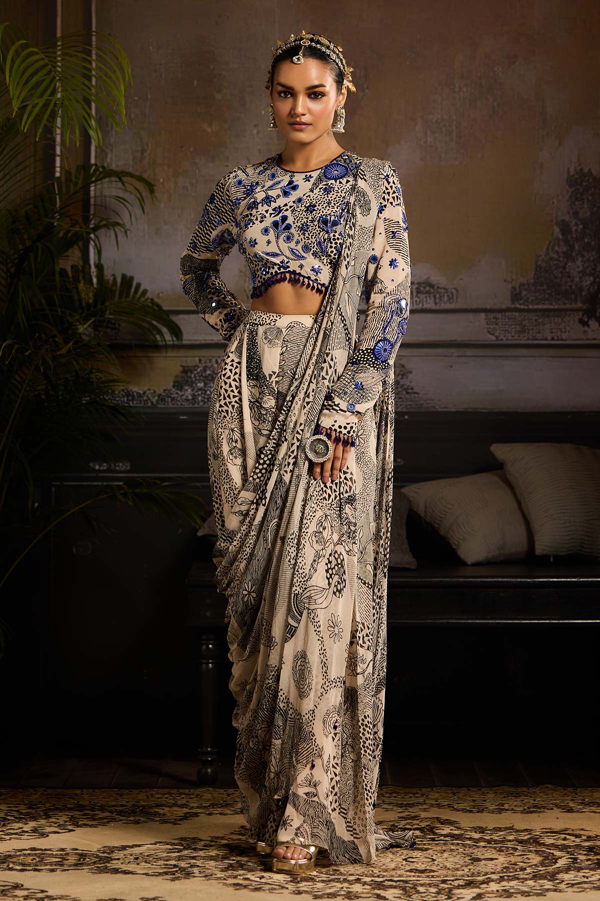 Beige & Black Print and Highlighted Pant Saree Set