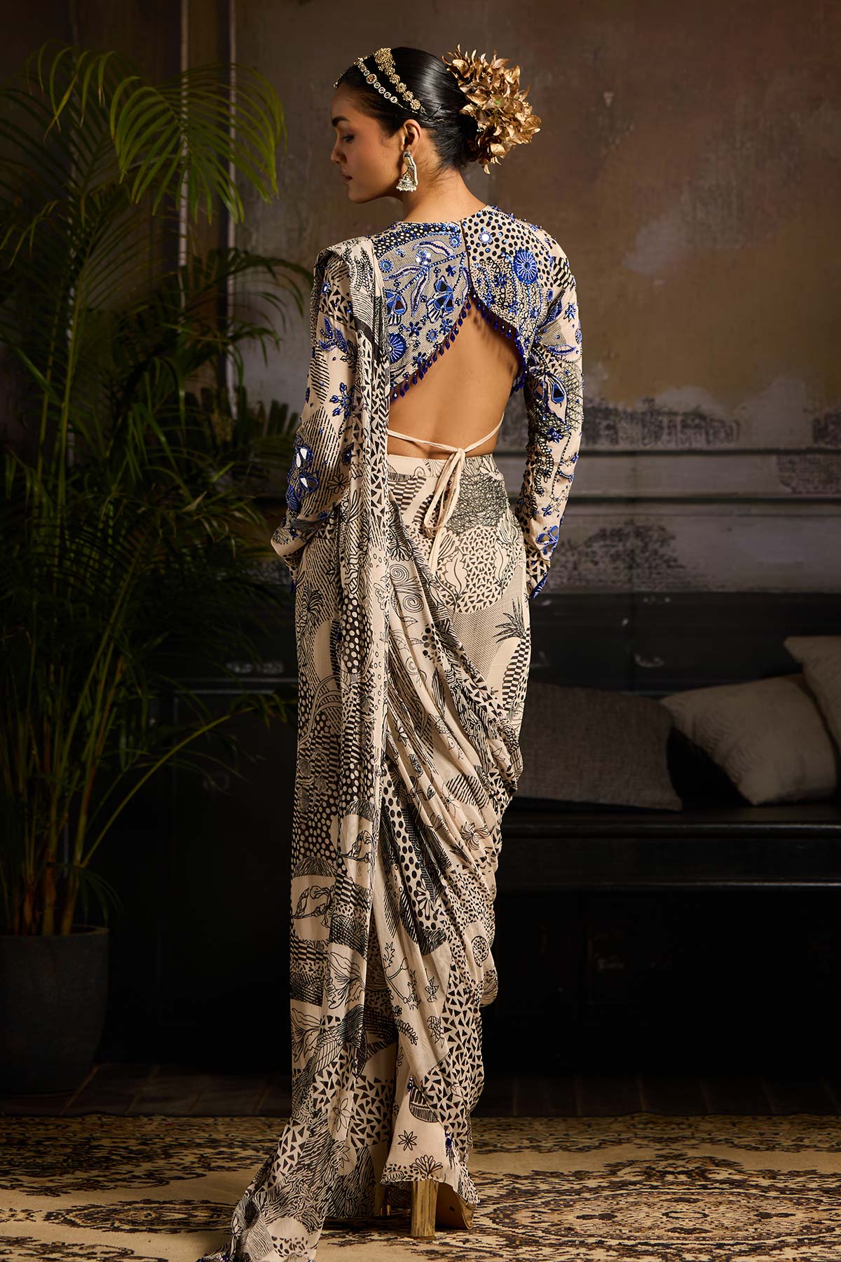 Beige & Black Print and Highlighted Pant Saree Set