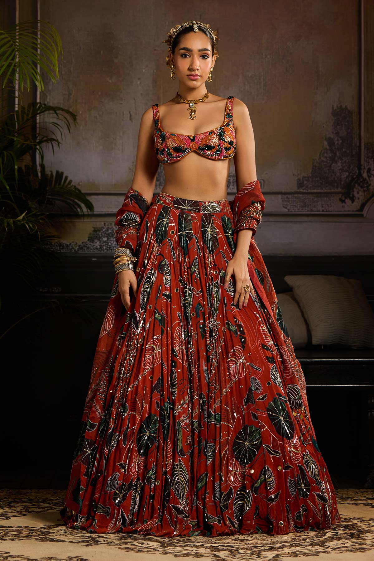 Rust Print and Highlighted Lehenga Set