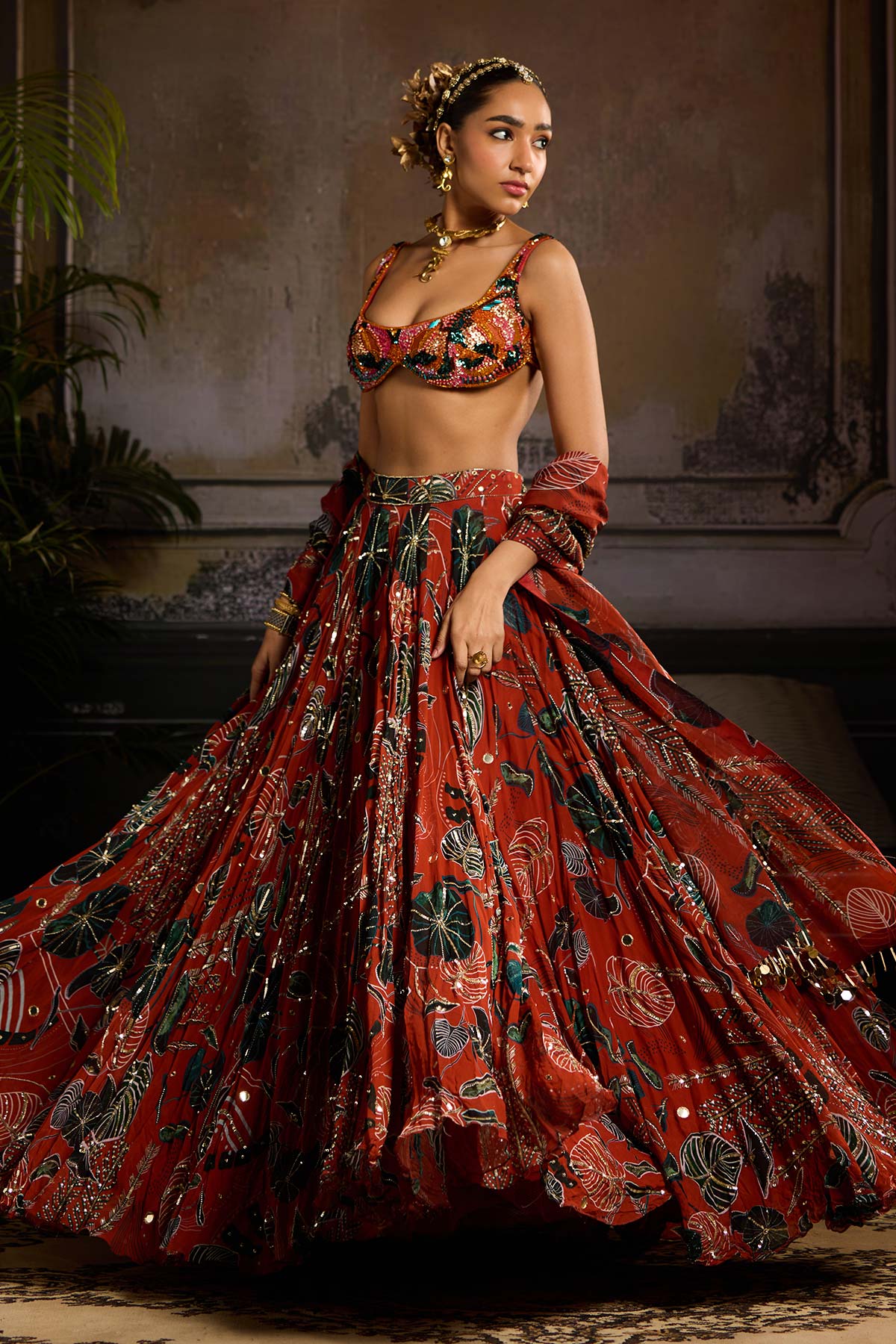 Rust Print and Highlighted Lehenga Set