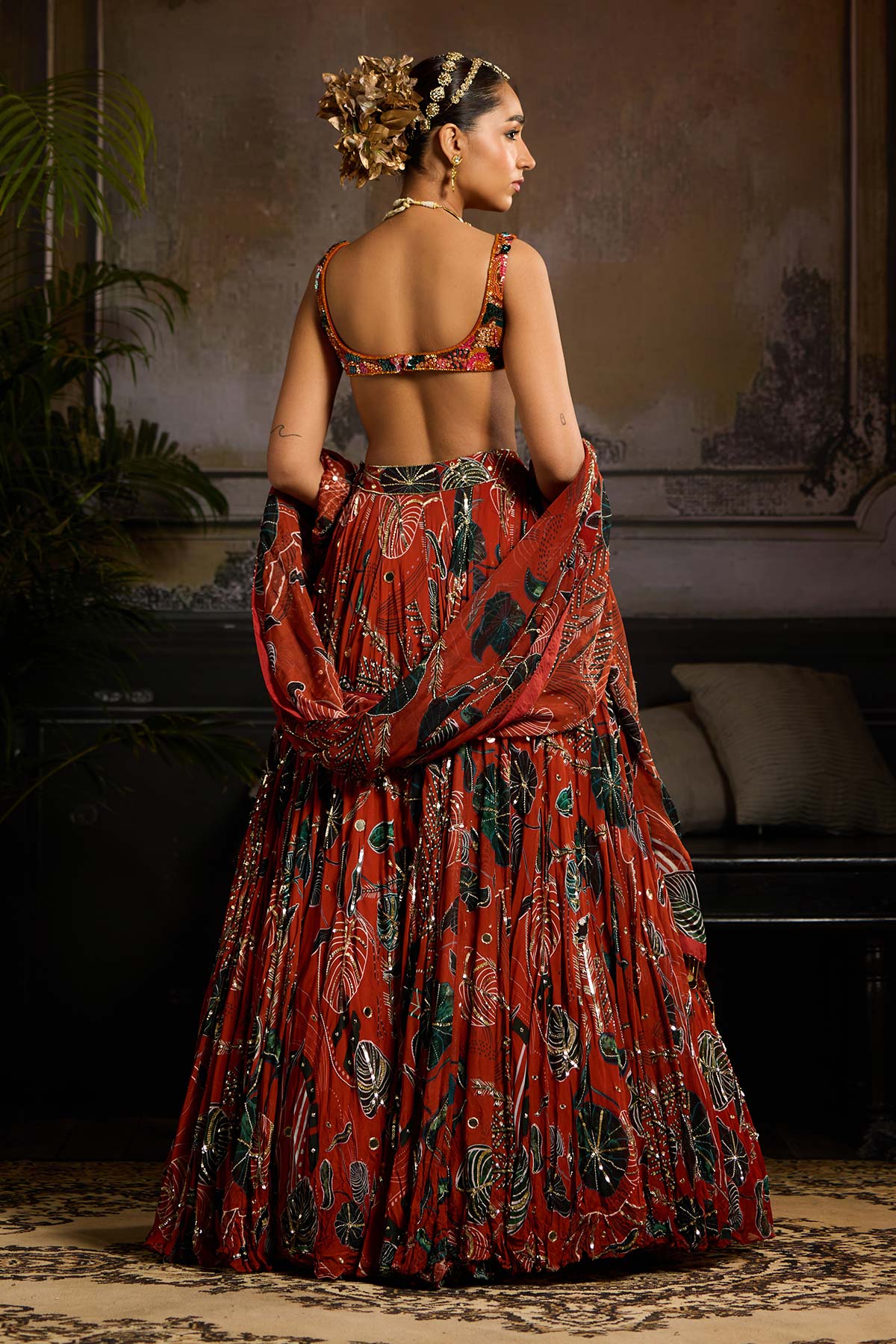 Rust Print and Highlighted Lehenga Set