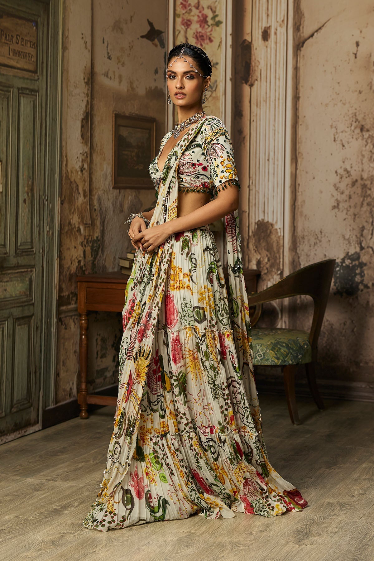 Ivory Print And Highlighted Tiered Skirt Saree Set