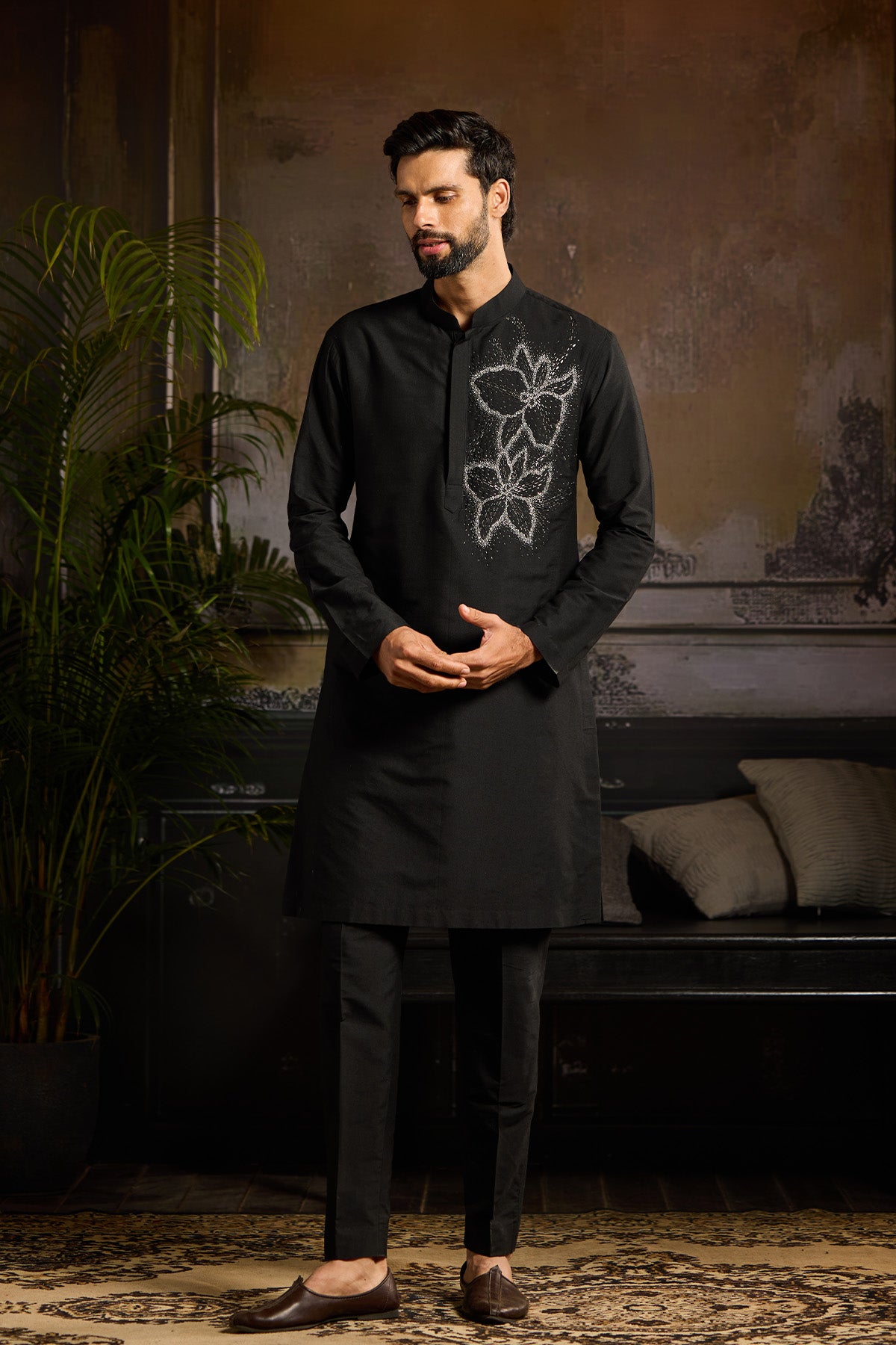 BLACK WITH SILVER EMBROIDERED KURTA PAIRED WITH BLACK PANTS