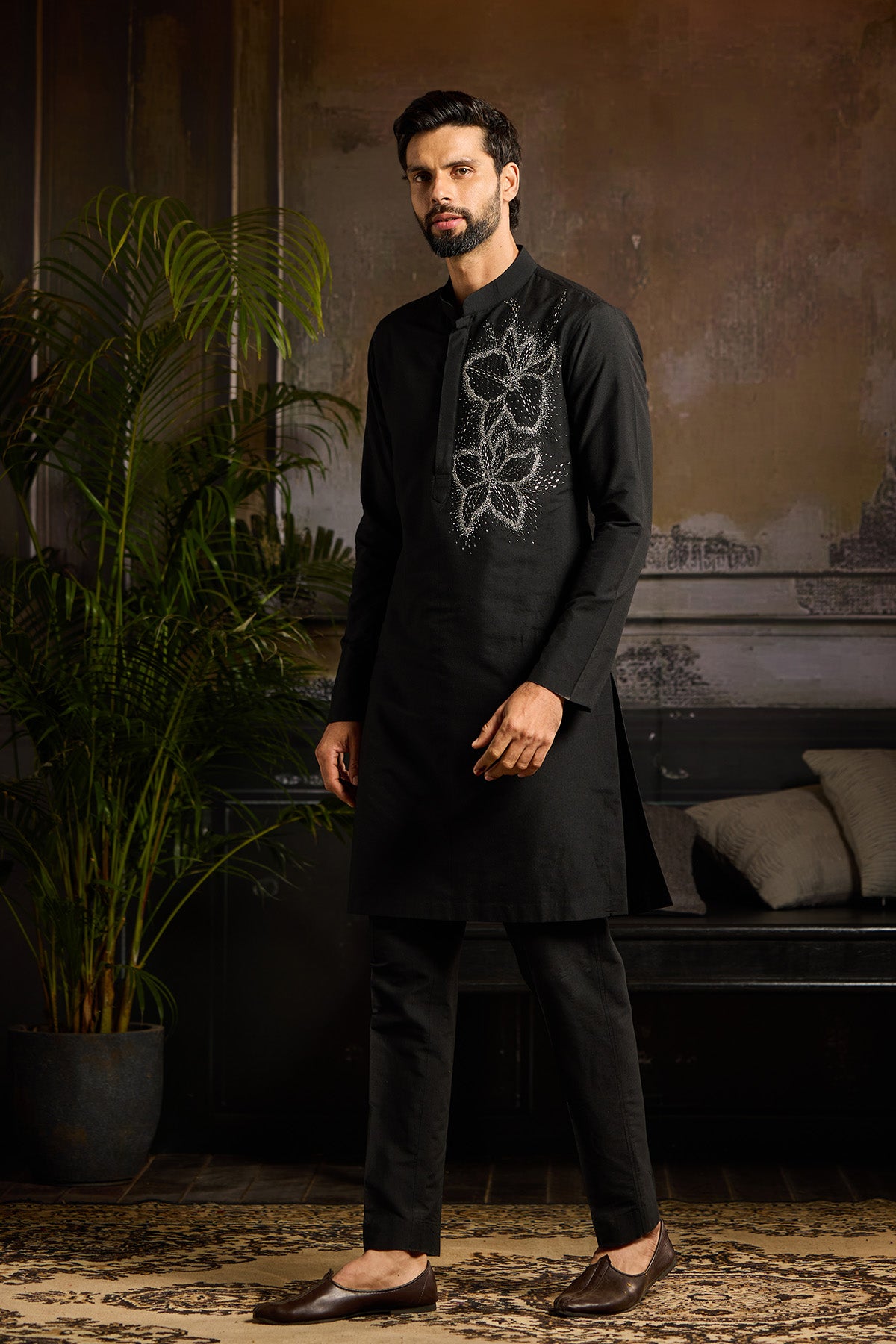 BLACK WITH SILVER EMBROIDERED KURTA PAIRED WITH BLACK PANTS