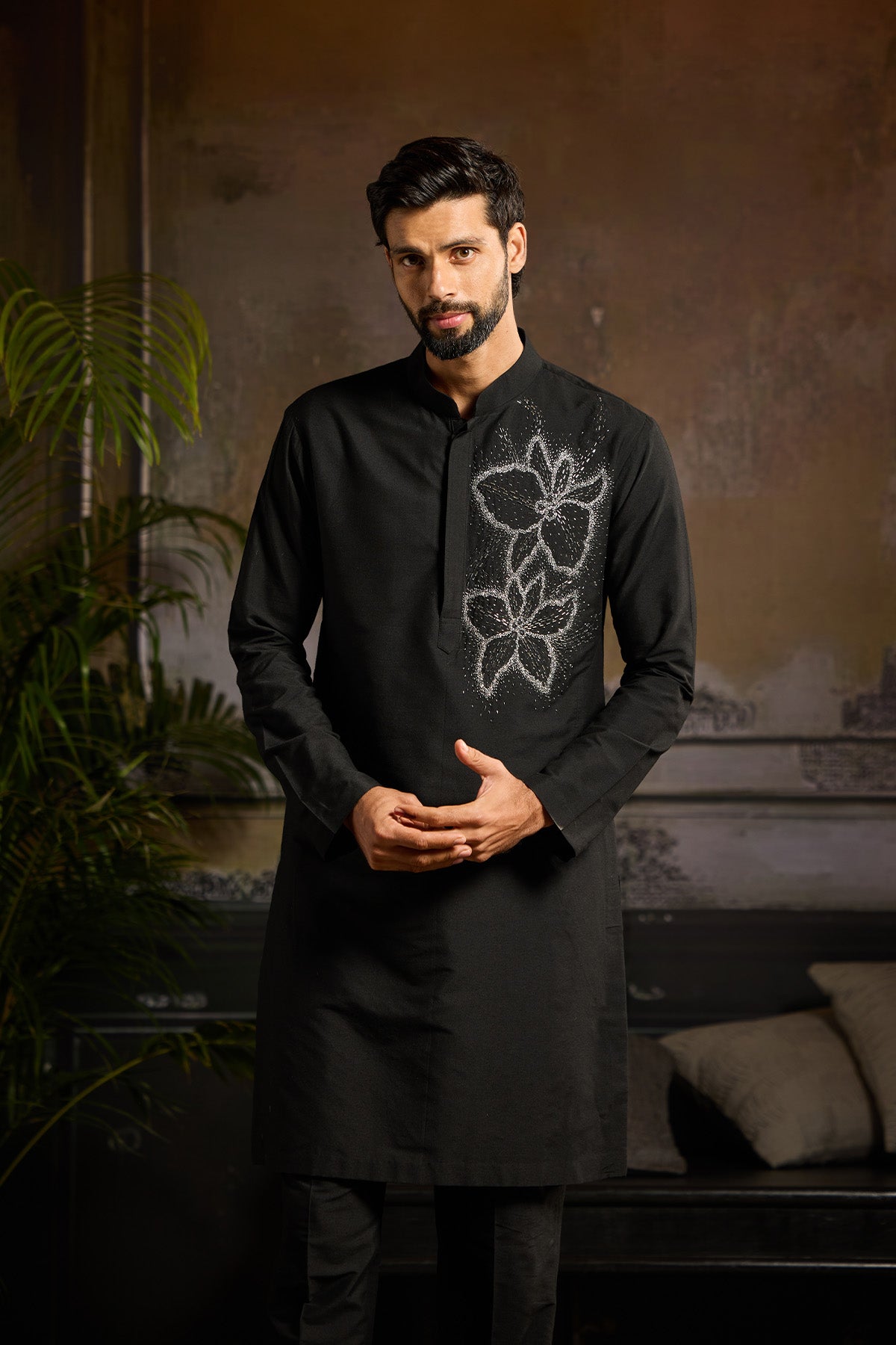 BLACK WITH SILVER EMBROIDERED KURTA PAIRED WITH BLACK PANTS