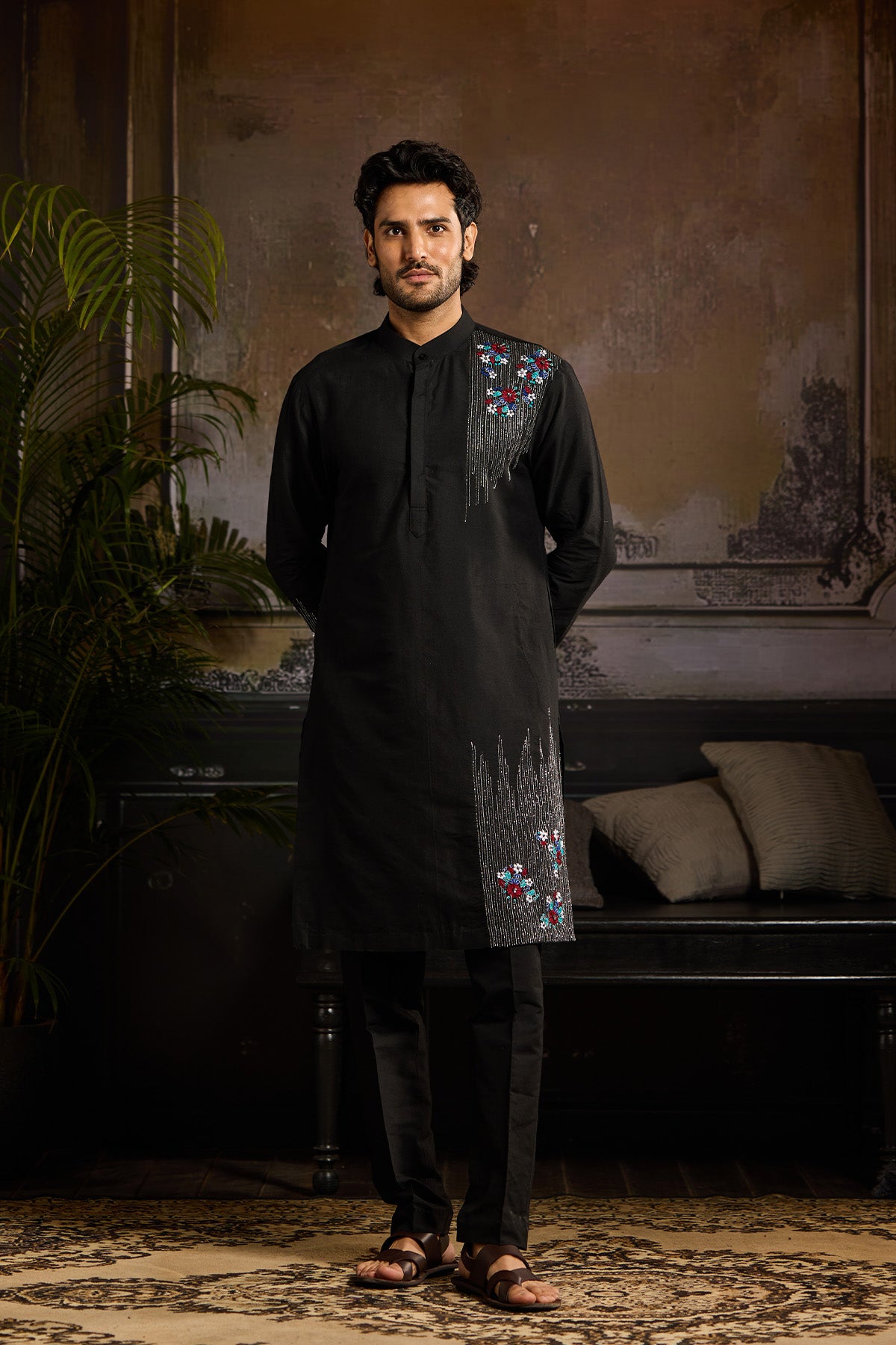 BLACK WITH SILVER MOTIF KURTA PAIRED WITH BLACK PANTS