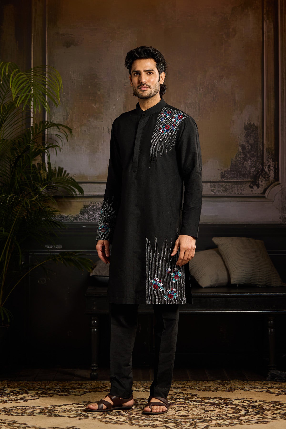 BLACK WITH SILVER MOTIF KURTA PAIRED WITH BLACK PANTS