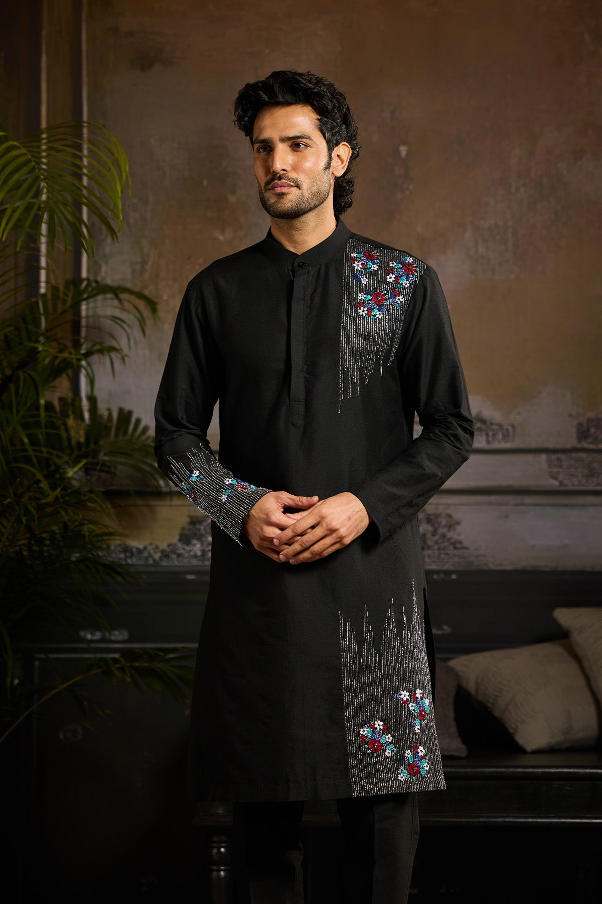 BLACK WITH SILVER MOTIF KURTA PAIRED WITH BLACK PANTS