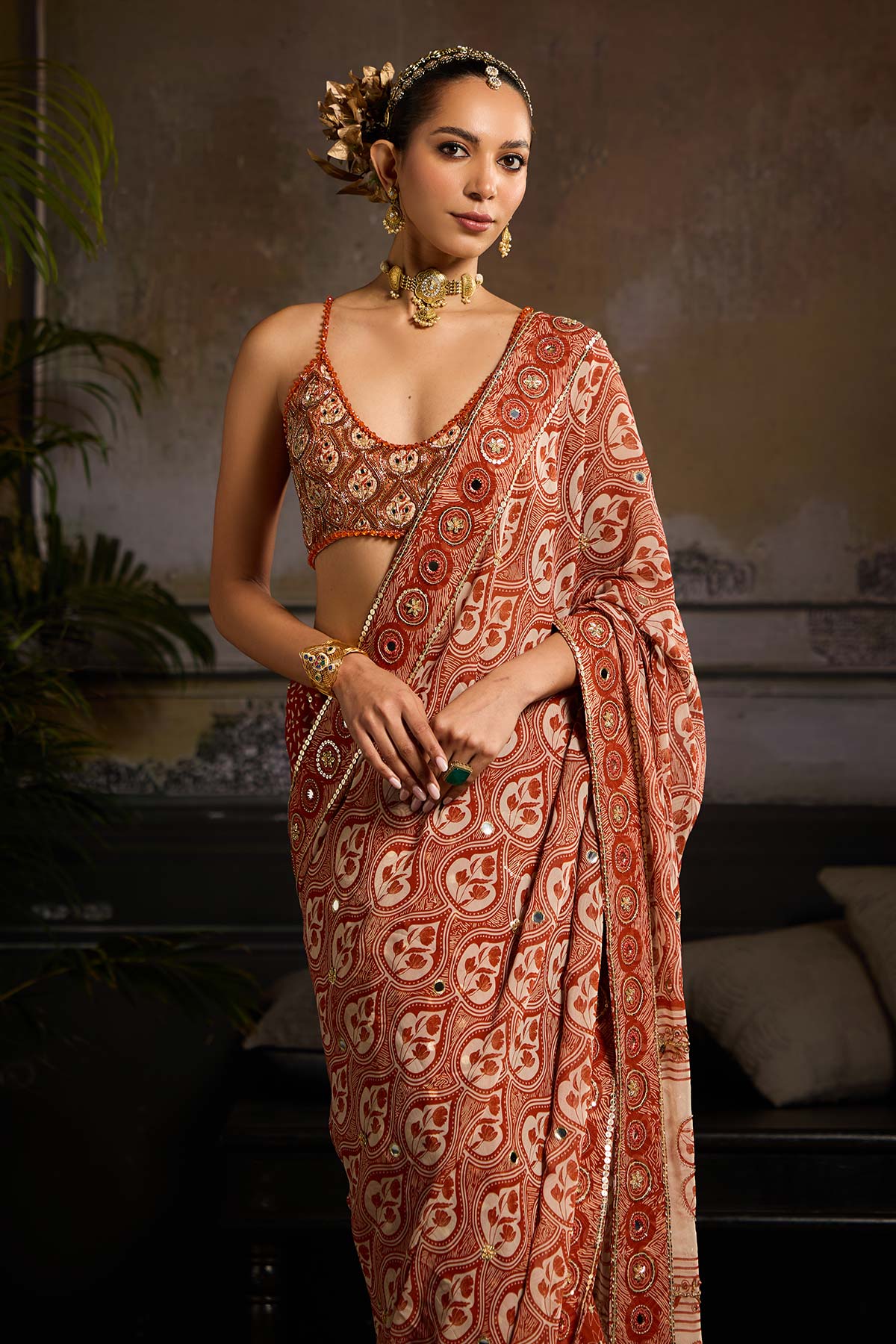 Rust Print and Highlighted Pre Stitched Saree Set