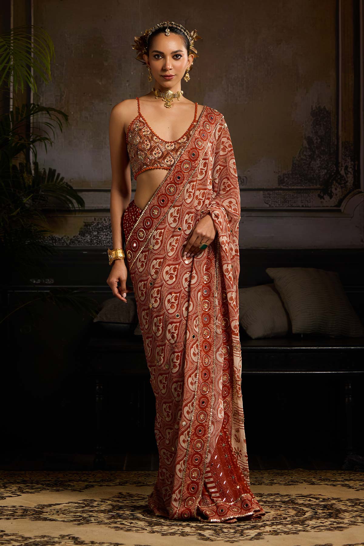 Rust Print and Highlighted Pre Stitched Saree Set