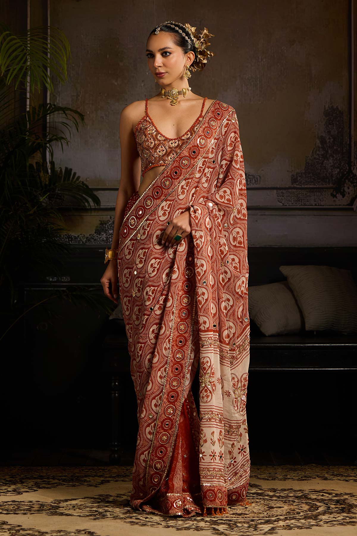 Rust Print and Highlighted Pre Stitched Saree Set