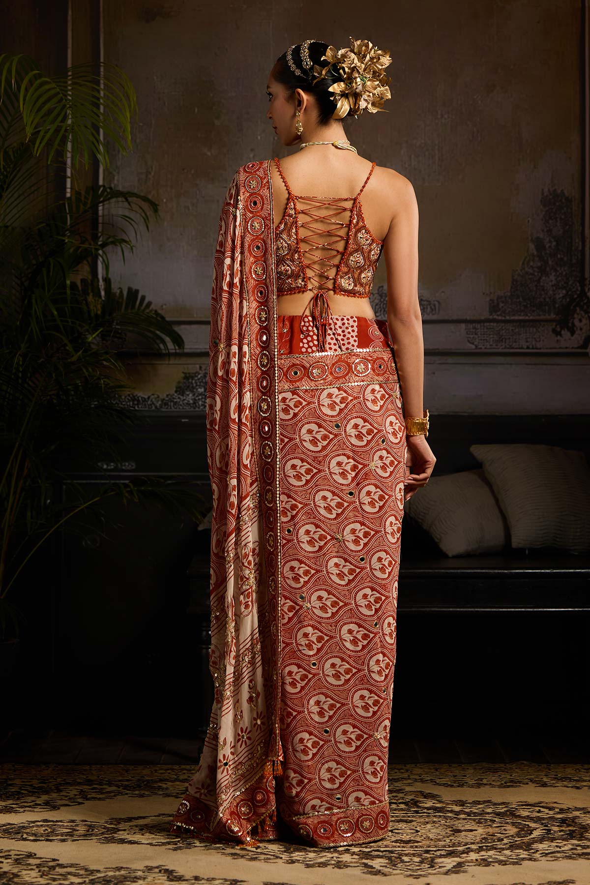 Rust Print and Highlighted Pre Stitched Saree Set