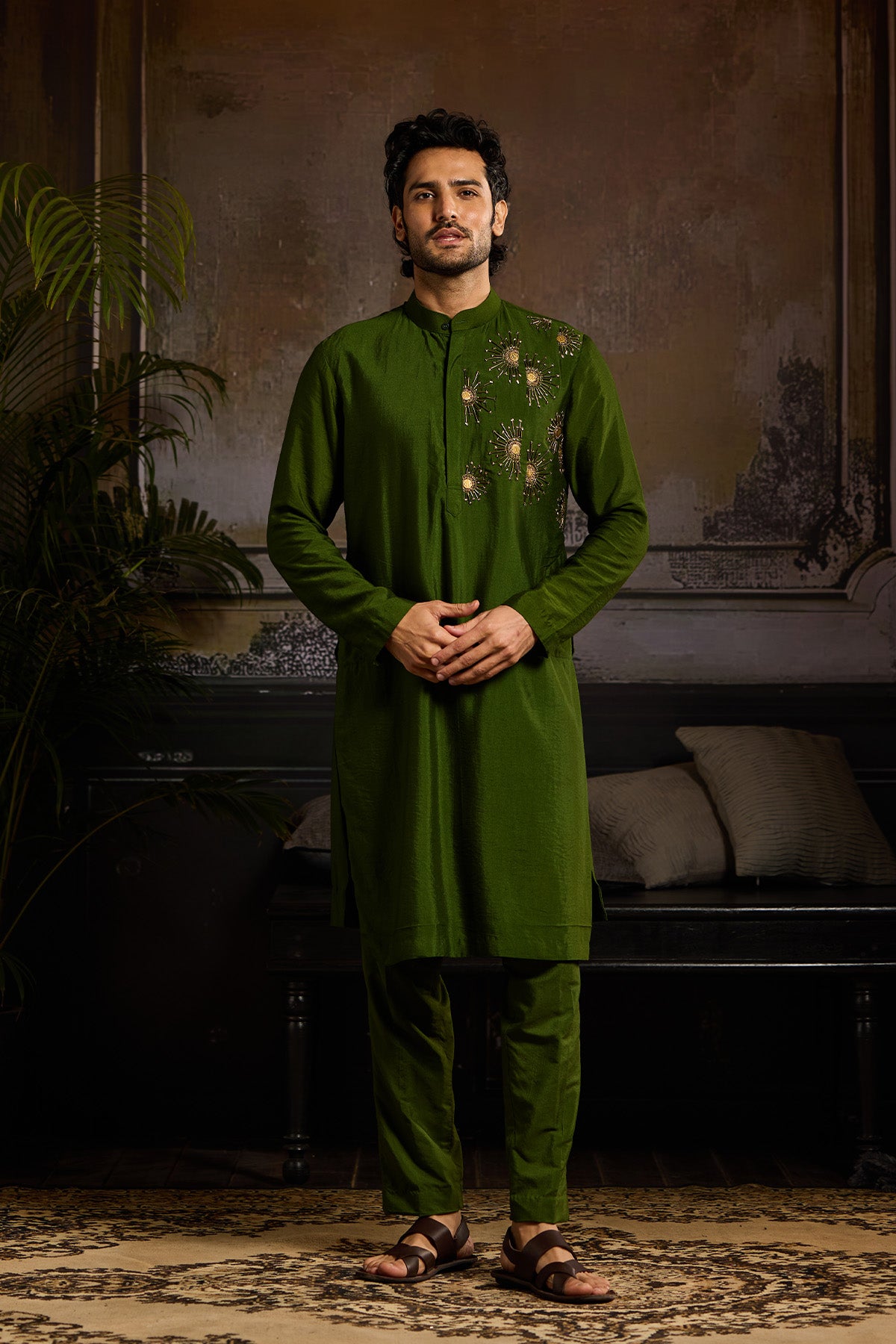 OLIVE GREEN WITH GOLD  EMBROIDERED KURTA PAIRED WITH OLIVE GREEN PANTS