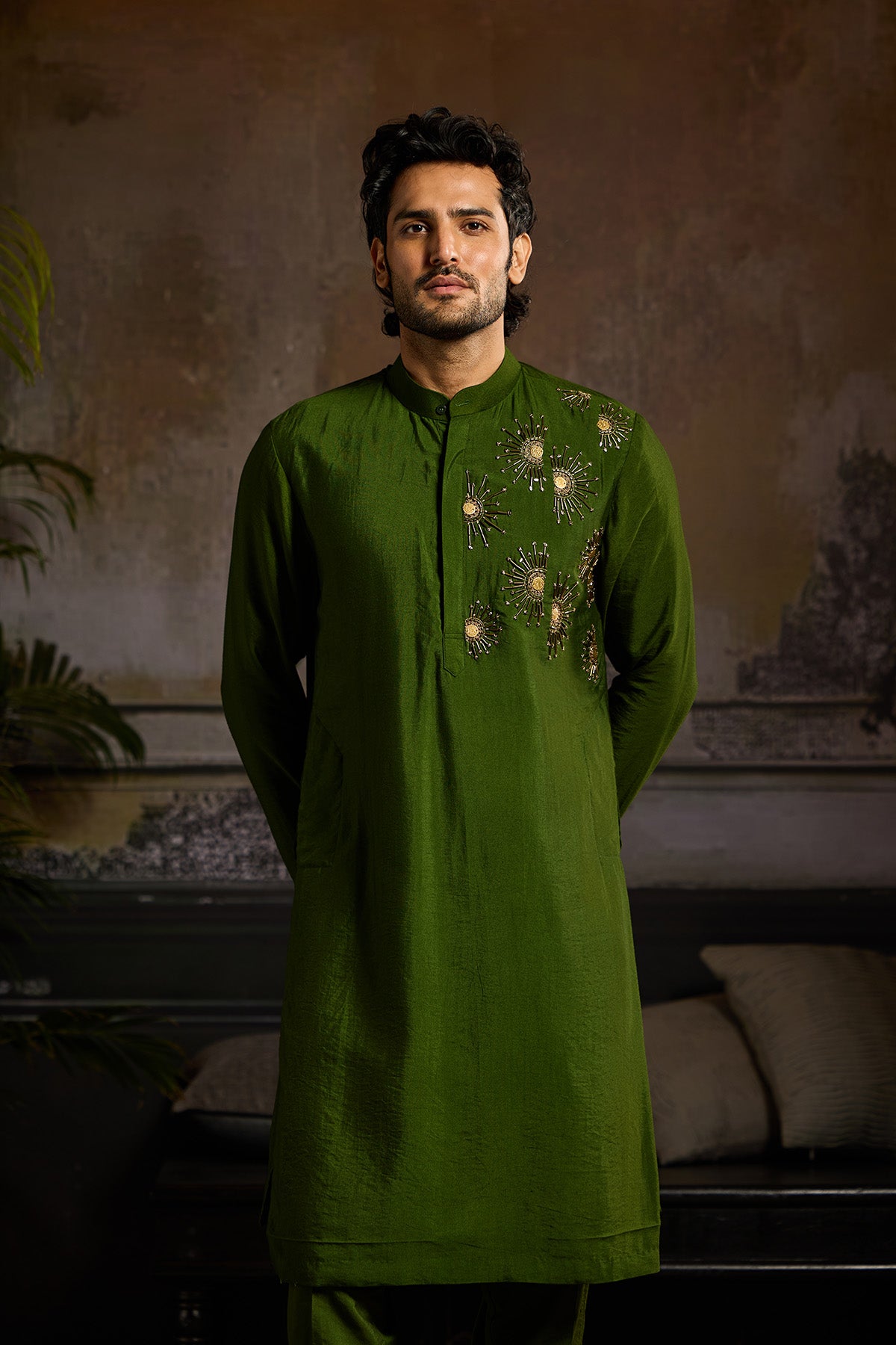 OLIVE GREEN WITH GOLD  EMBROIDERED KURTA PAIRED WITH OLIVE GREEN PANTS