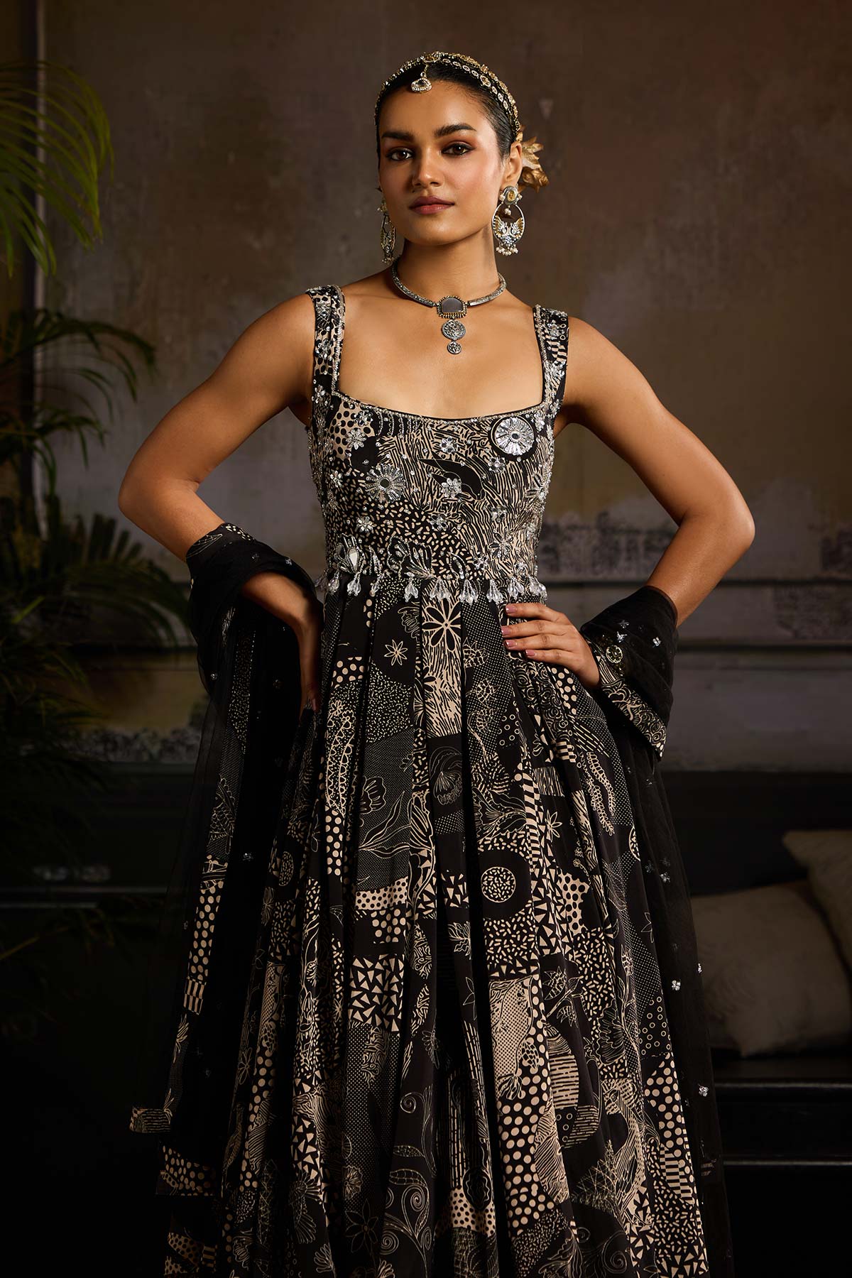 Black Print and Highlighted Anarkali Set