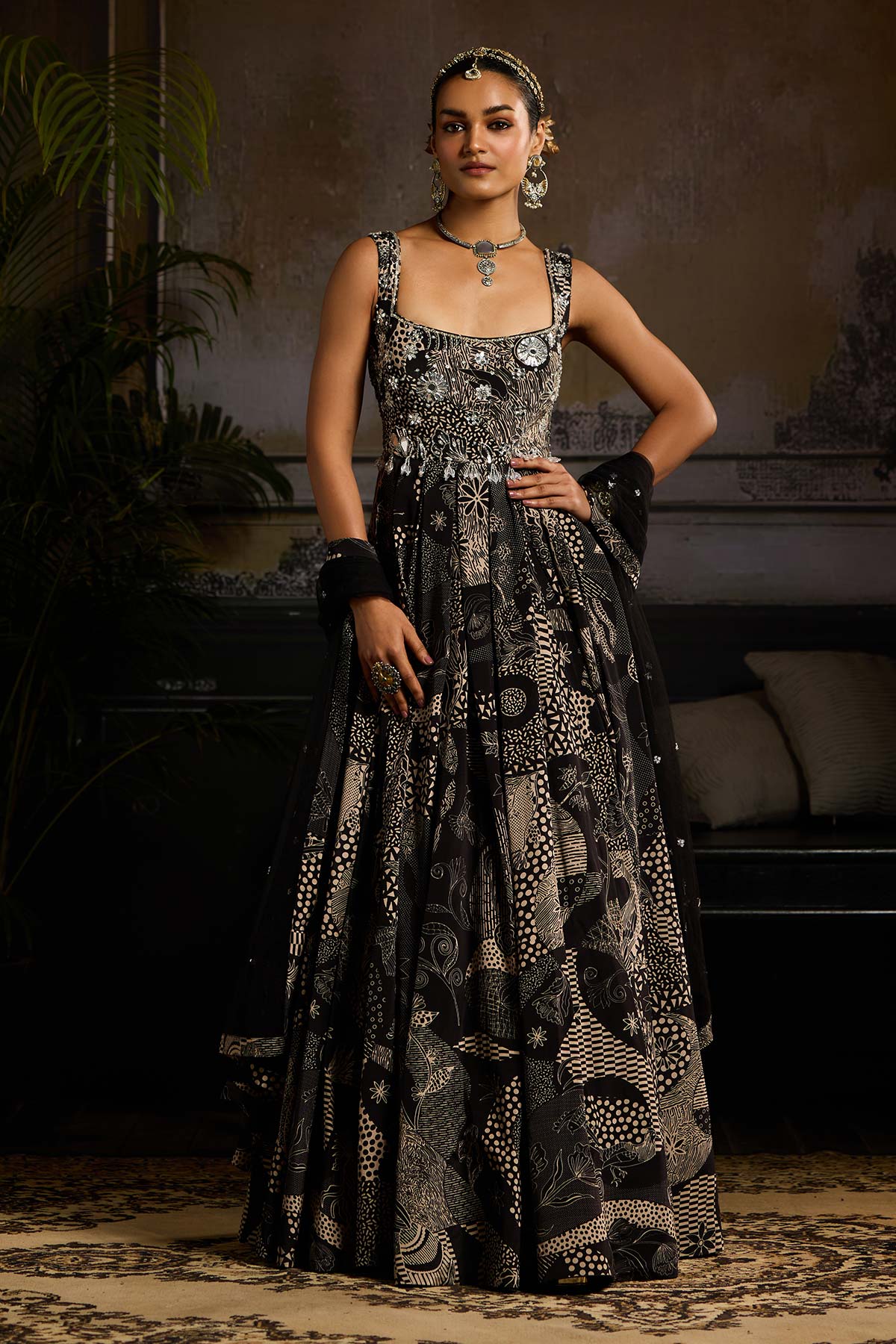 Black Print and Highlighted Anarkali Set